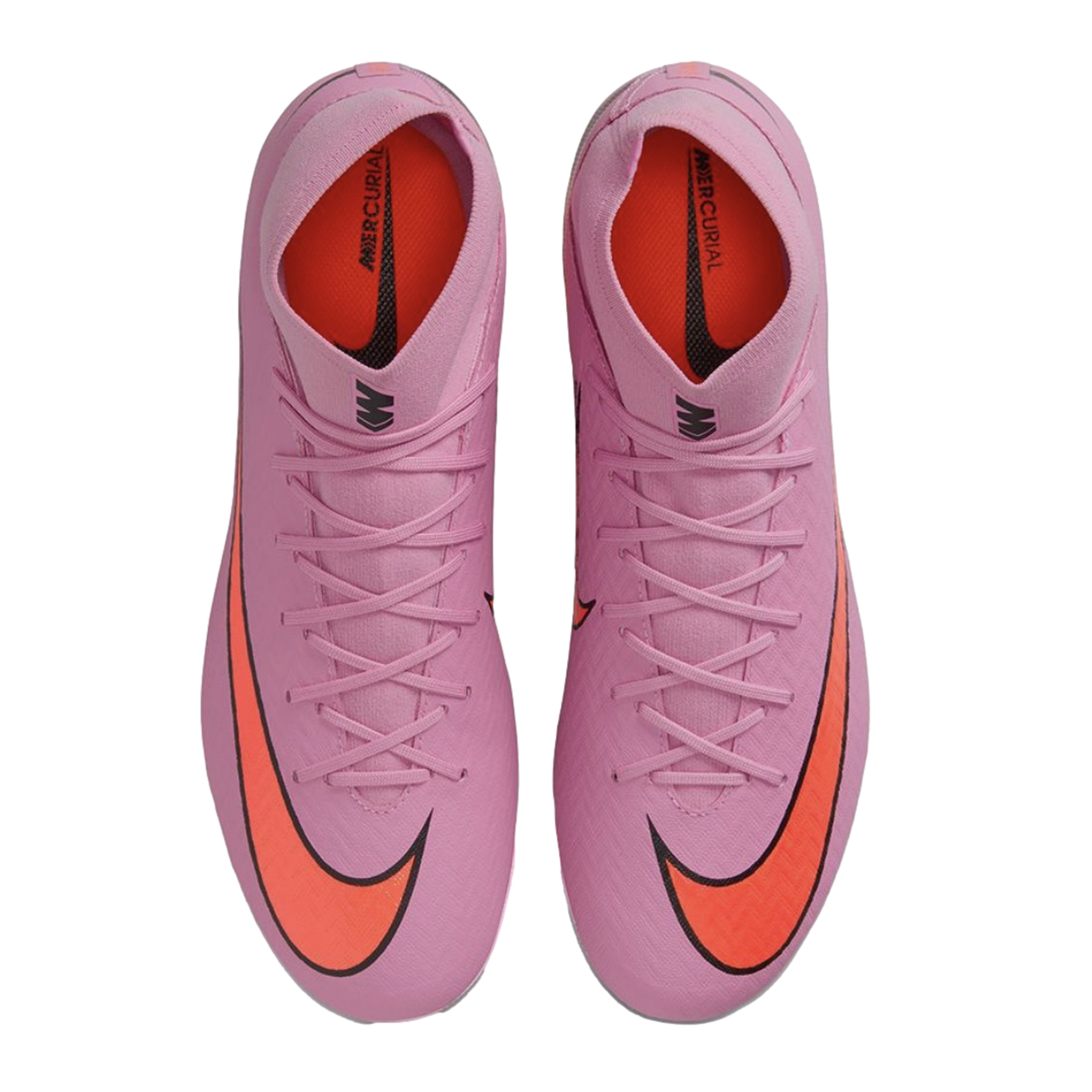 Top-down view of pink Nike Mercurial high-top soccer cleats with bright orange Nike swoosh logos on a black background.