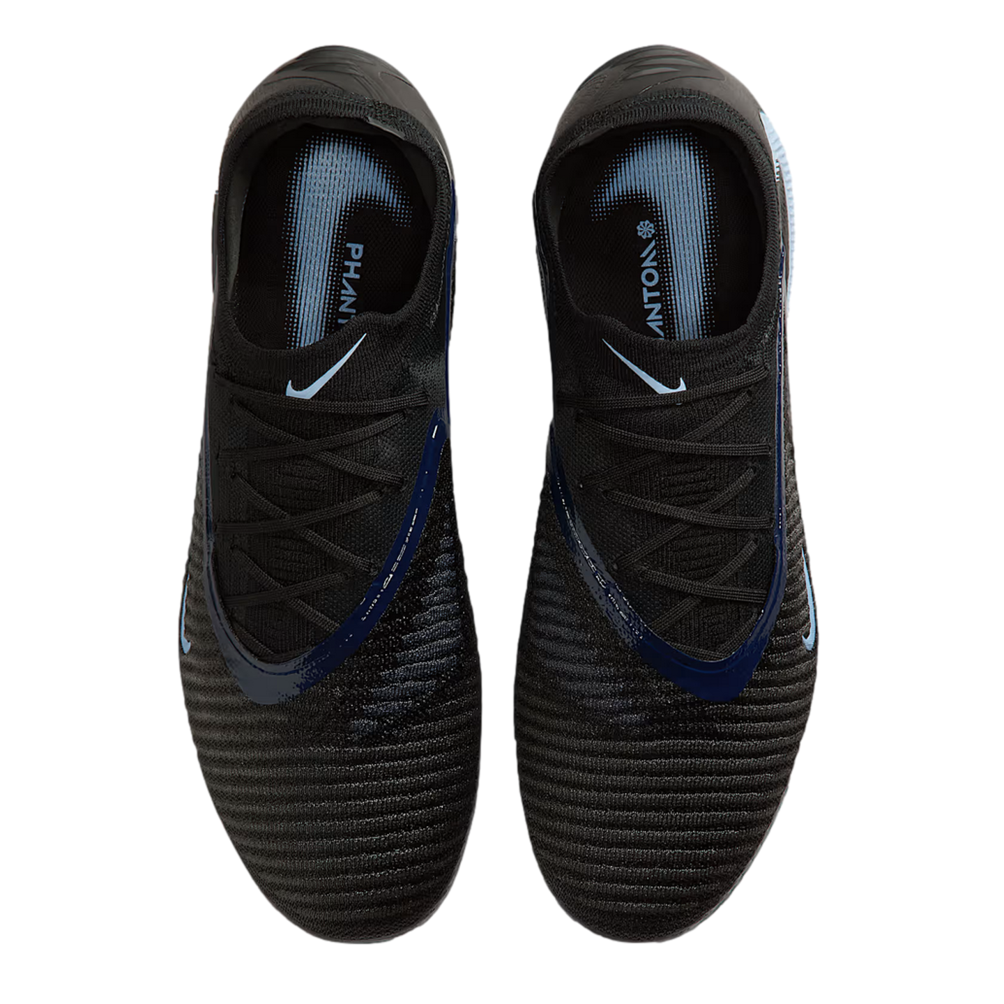 Top-down view of black Nike Phantom soccer cleats with light blue Swoosh logos, dark blue accents, and a ribbed texture on the upper.