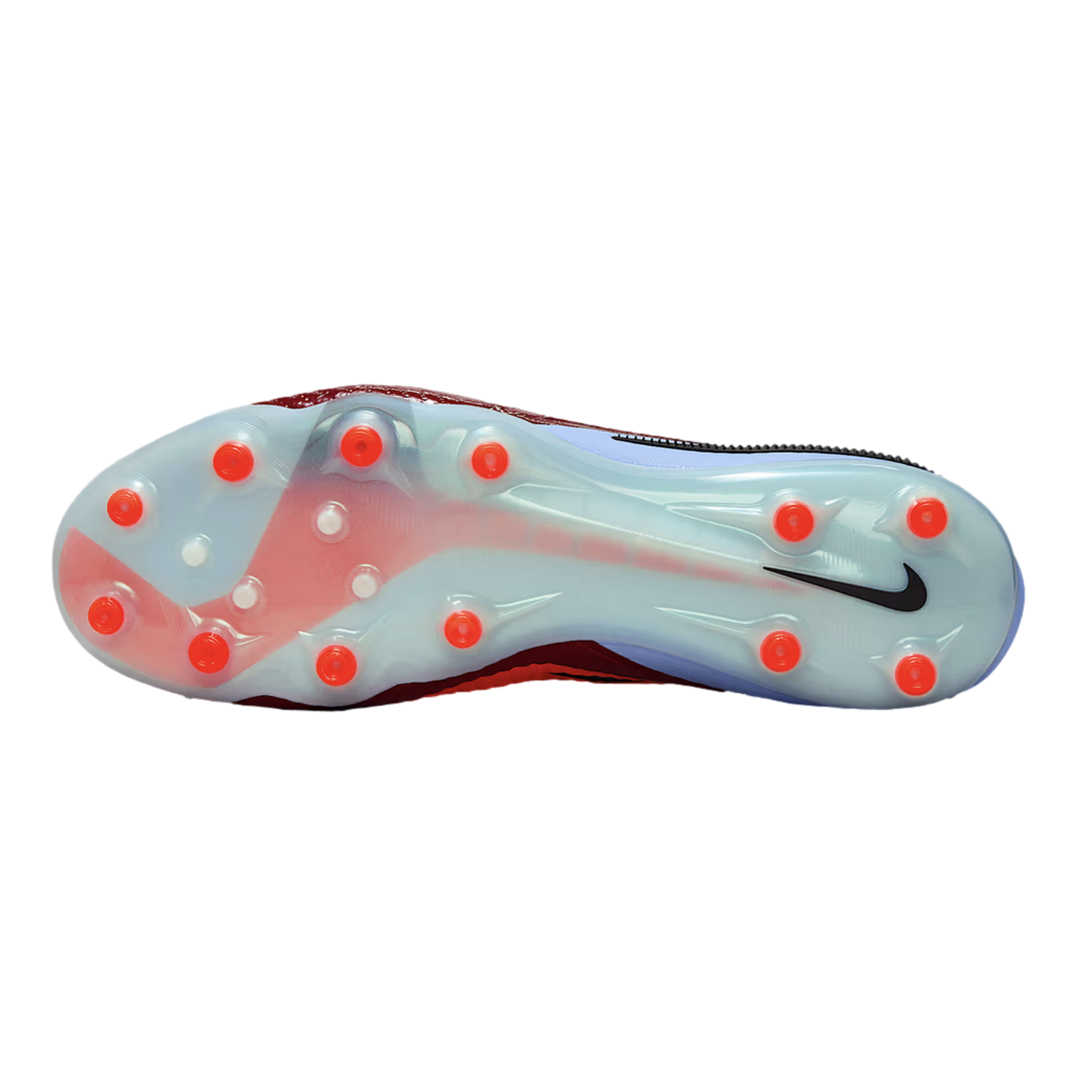 Underneath view of a Nike soccer cleat featuring a translucent blue soleplate with numerous small red and white studs and a black Nike swoosh.