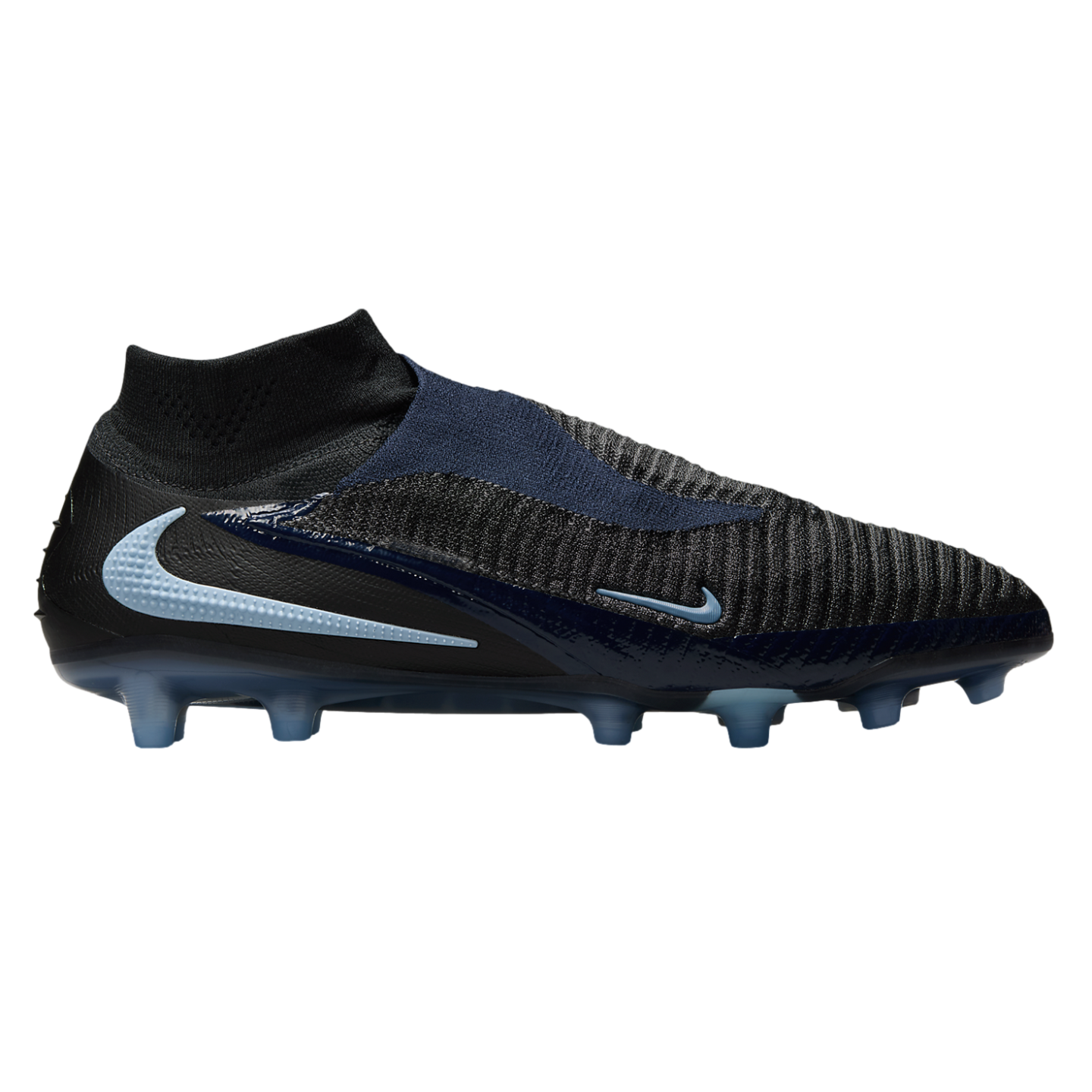 Profile view of a black and navy Nike soccer cleat with light blue accents, featuring a textured laceless upper and high-top collar against a black background.