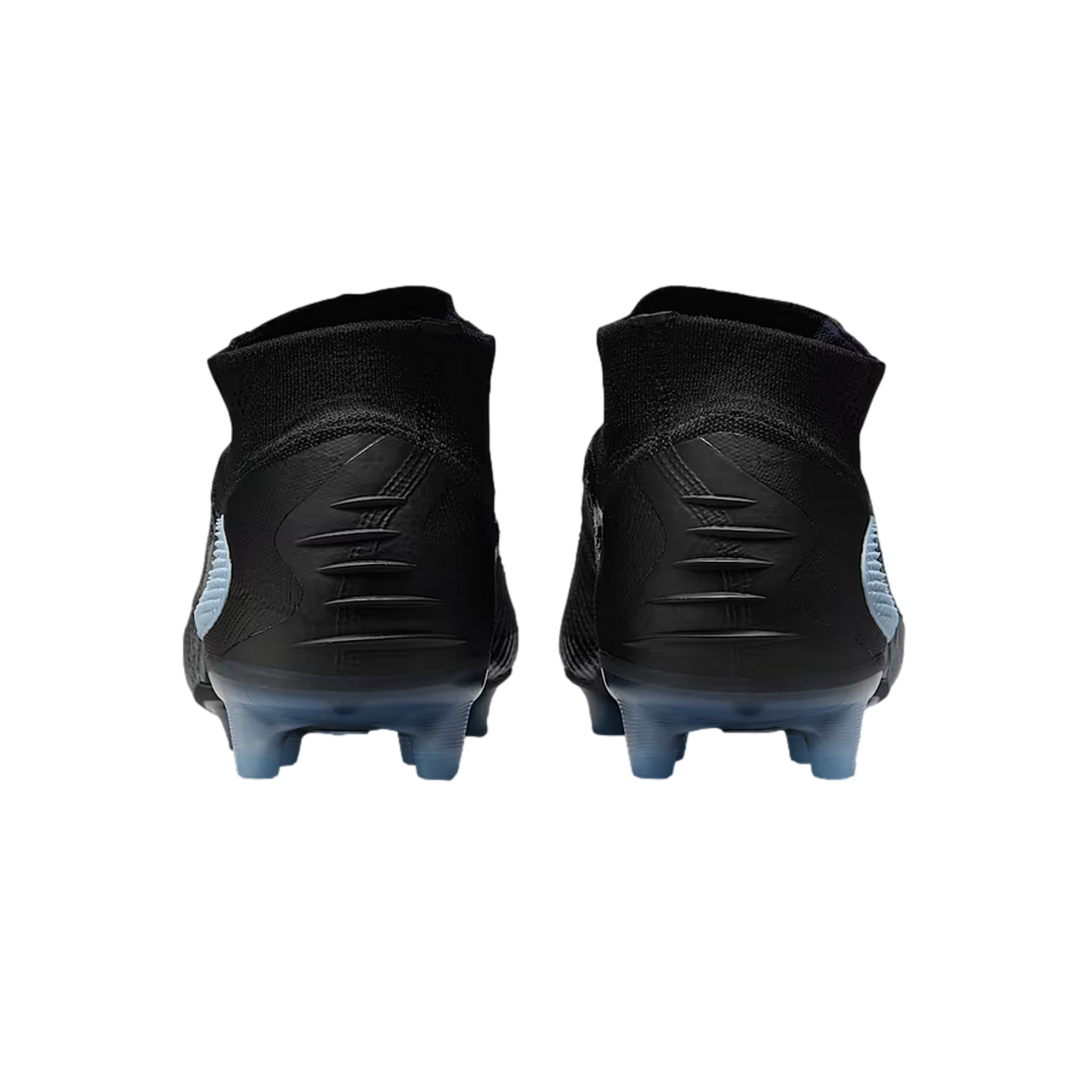 Rear view of two black soccer cleats with a sock-like collar and light blue accents on a black background.