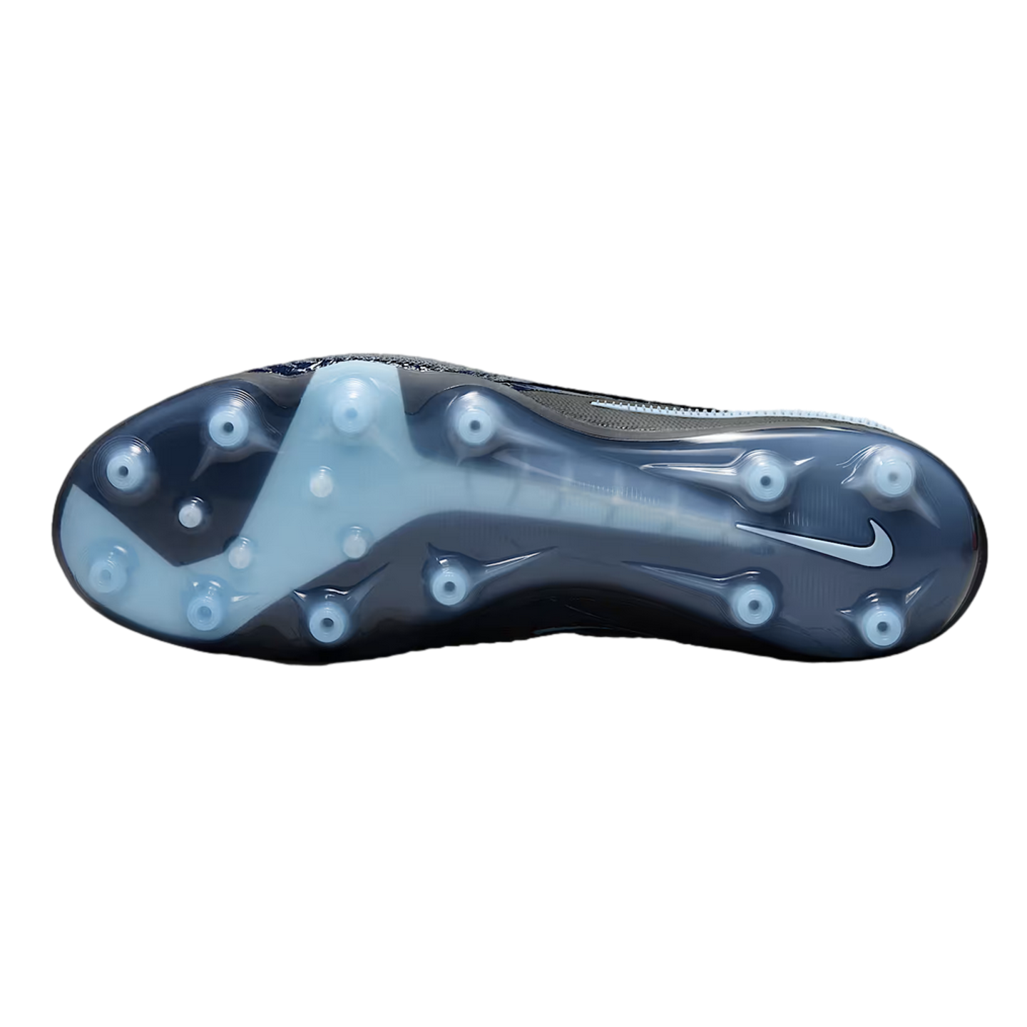 Underside of a Nike football boot with a blue and black soleplate and conical studs, set against a black background.
