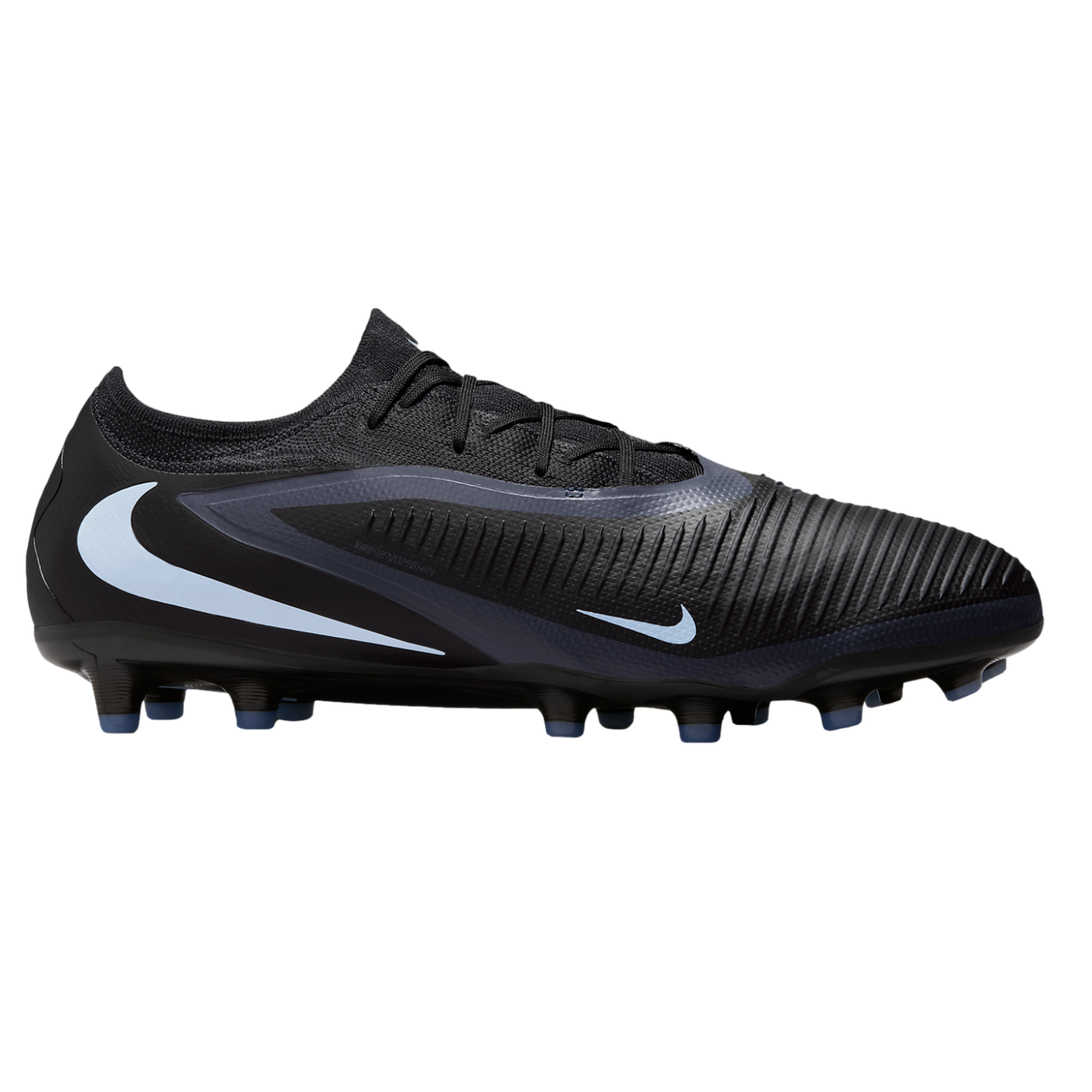 Side view of a sleek black Nike soccer cleat with light blue accents and a textured upper.