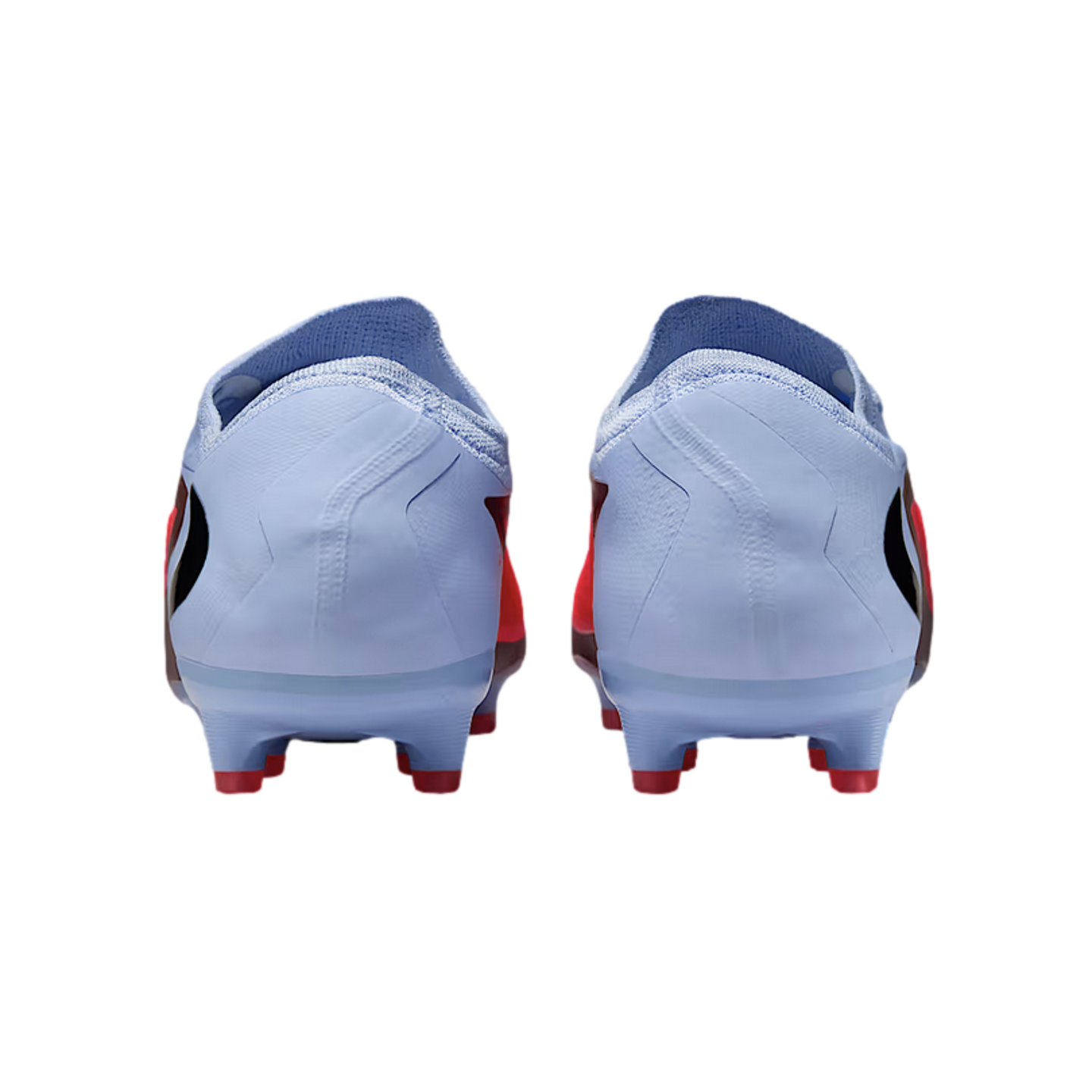 Rear view of light blue soccer boots with red studs against a black background.