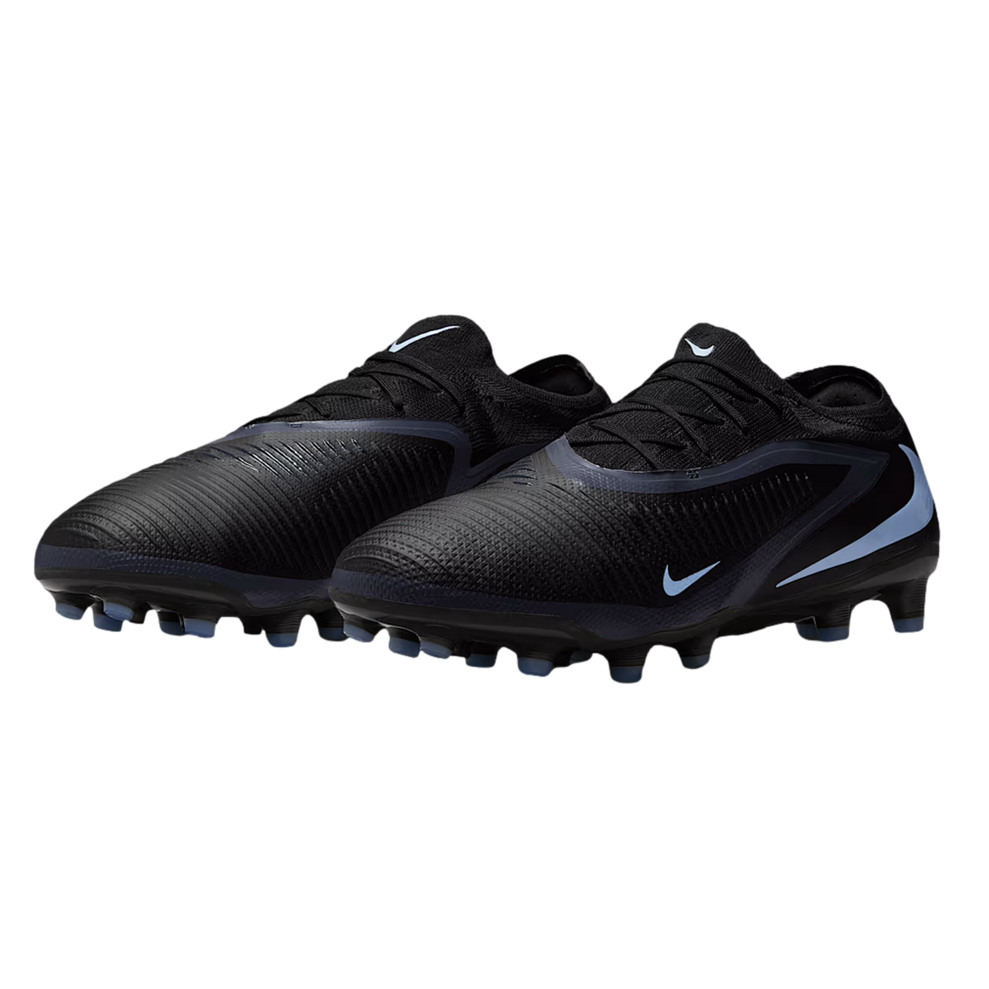 A pair of black Nike soccer cleats with light blue accents, featuring a textured upper and low-cut design against a black background.