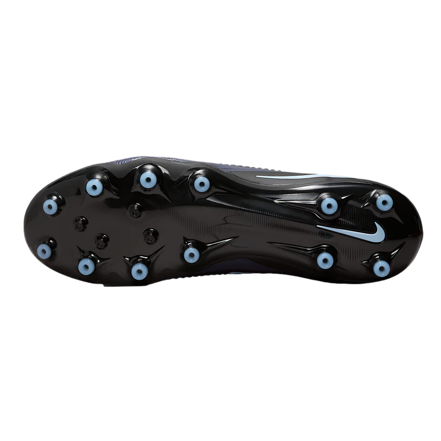The sole of a black Nike soccer cleat featuring light blue conical studs and a light blue Nike swoosh against a solid black background.