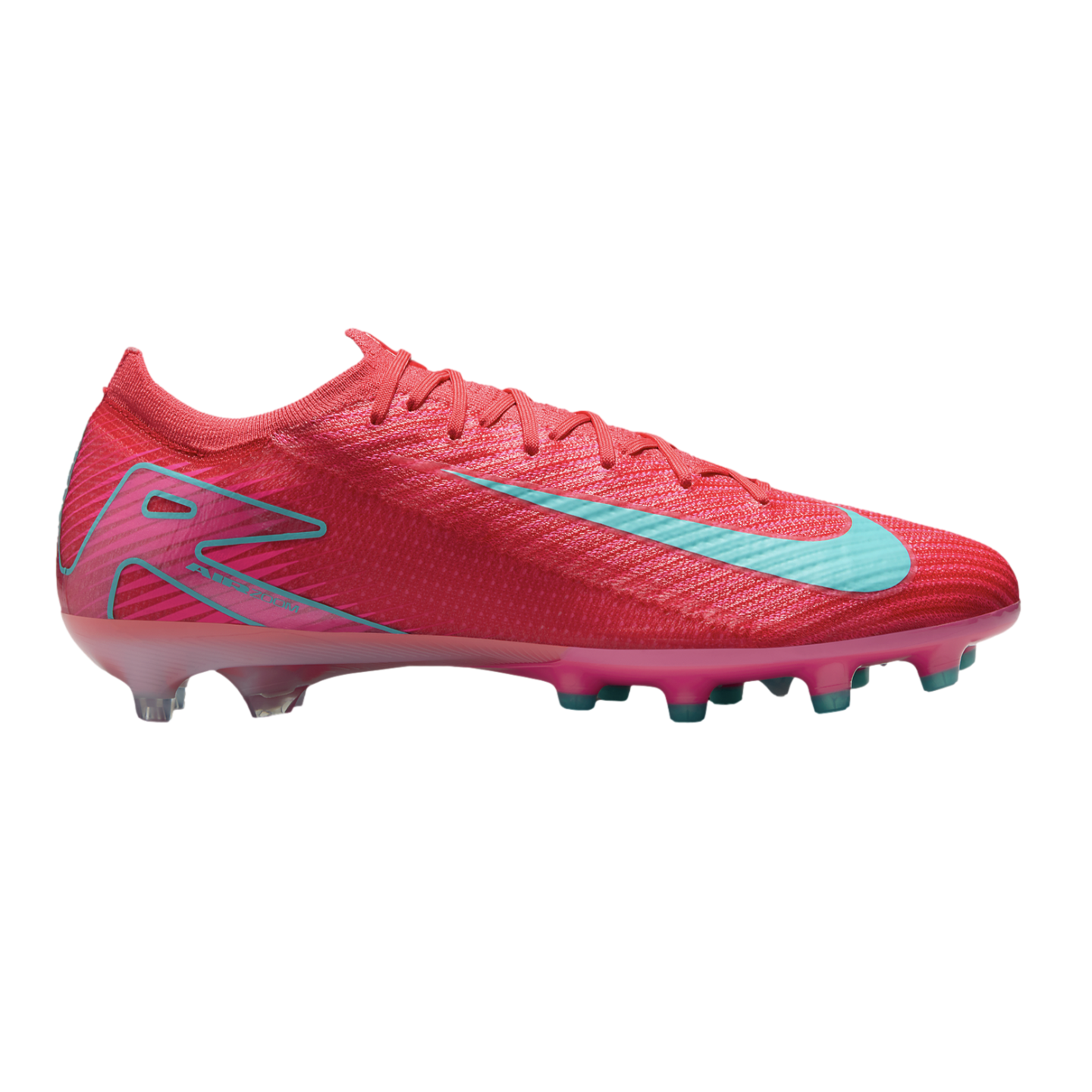 Side profile of a vibrant pink Nike soccer cleat featuring a light blue swoosh and "AIR ZOOM" branding on the heel.