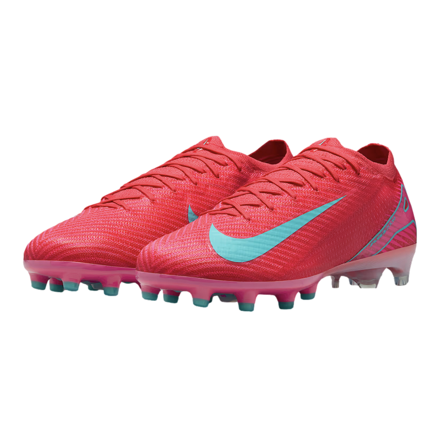 A pair of bright red Nike Mercurial Air Zoom soccer cleats with a teal swoosh and multicolored studs on a black background.