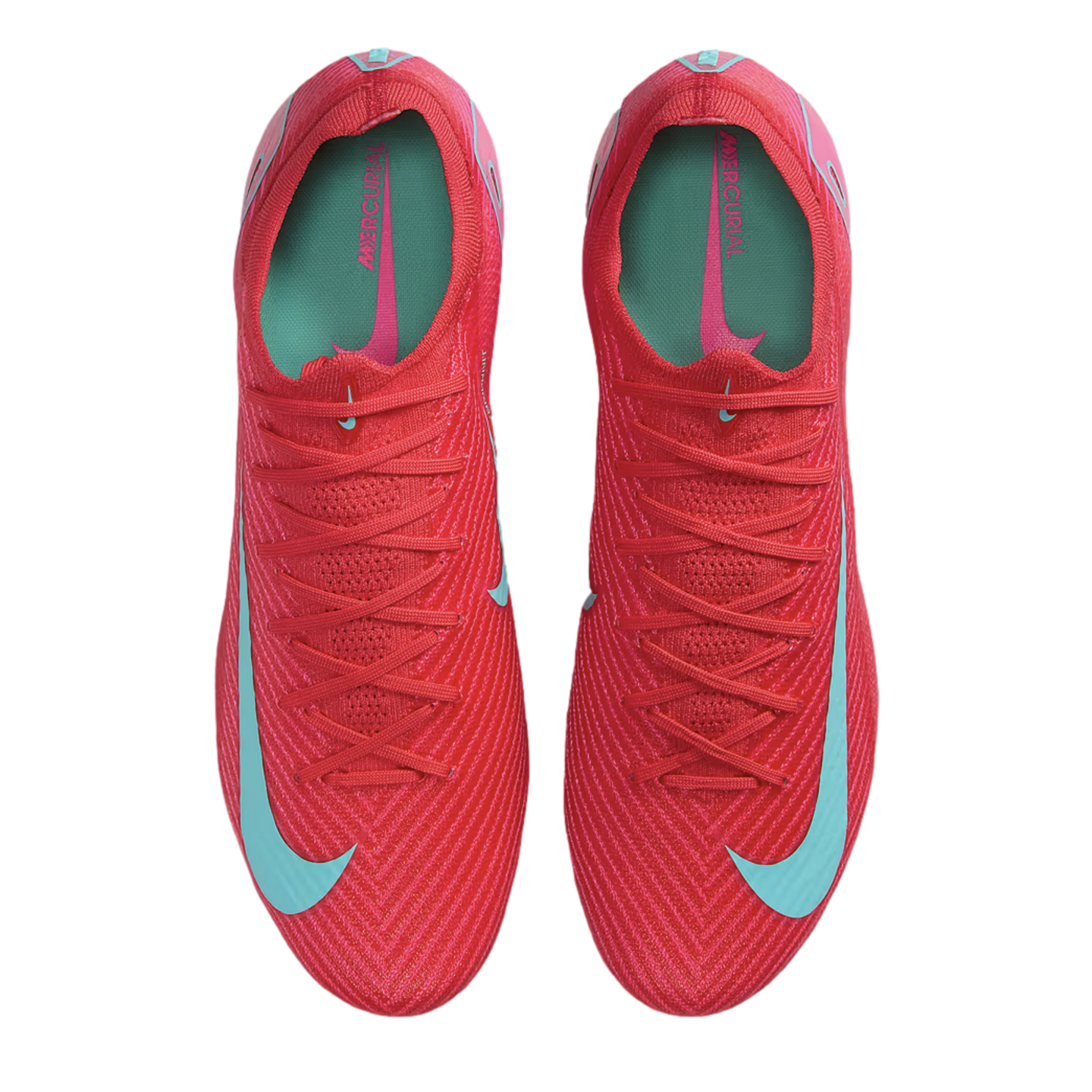 Top-down view of a pair of bright red Nike Mercurial soccer cleats with light blue swooshes and teal insoles, set against a black background.