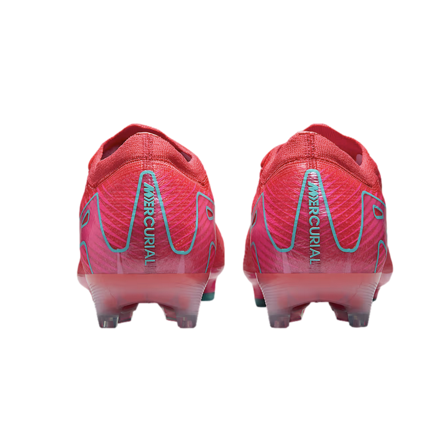 Rear view of two bright pink Nike Mercurial soccer cleats with light blue accents and "MERCURIAL" printed on the heels, against a black background.