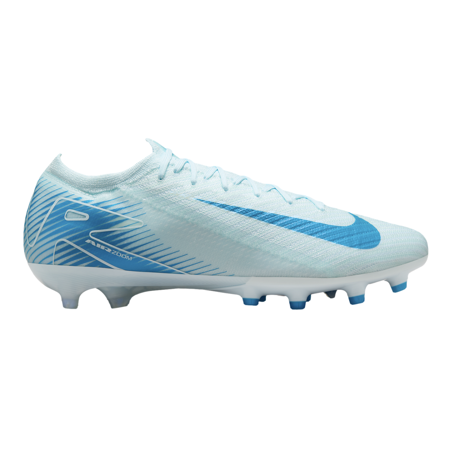 Side view of a light blue and white Nike Air Zoom soccer cleat with a large blue swoosh, textured upper, and blue studs, set against a solid black background.