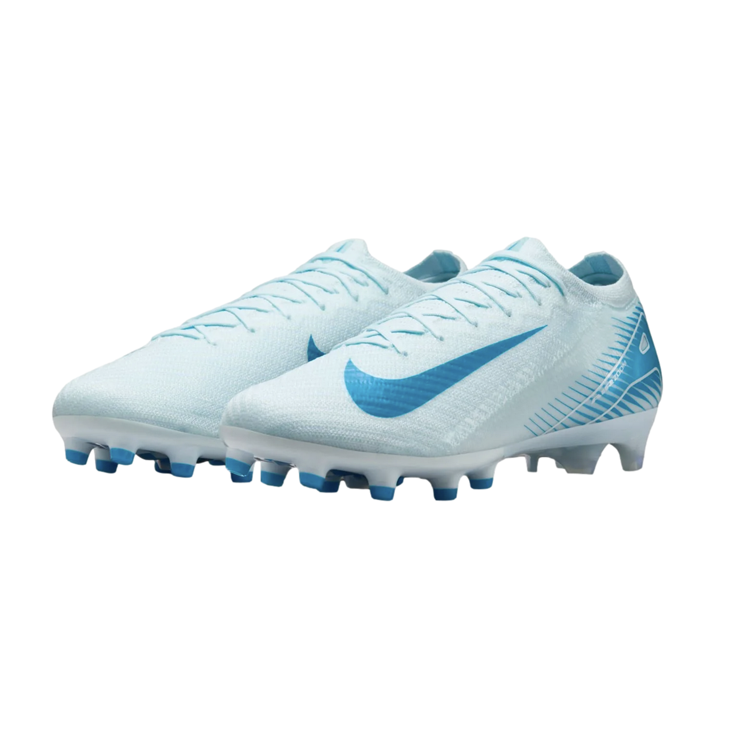 Light blue Nike soccer cleats with a dark blue Swoosh and blue-tipped white studs, displayed on a black background.