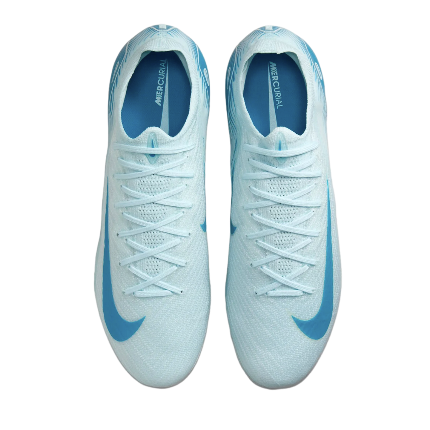 Top-down view of light blue Nike Mercurial soccer cleats with white laces and blue swooshes, set against a black background.