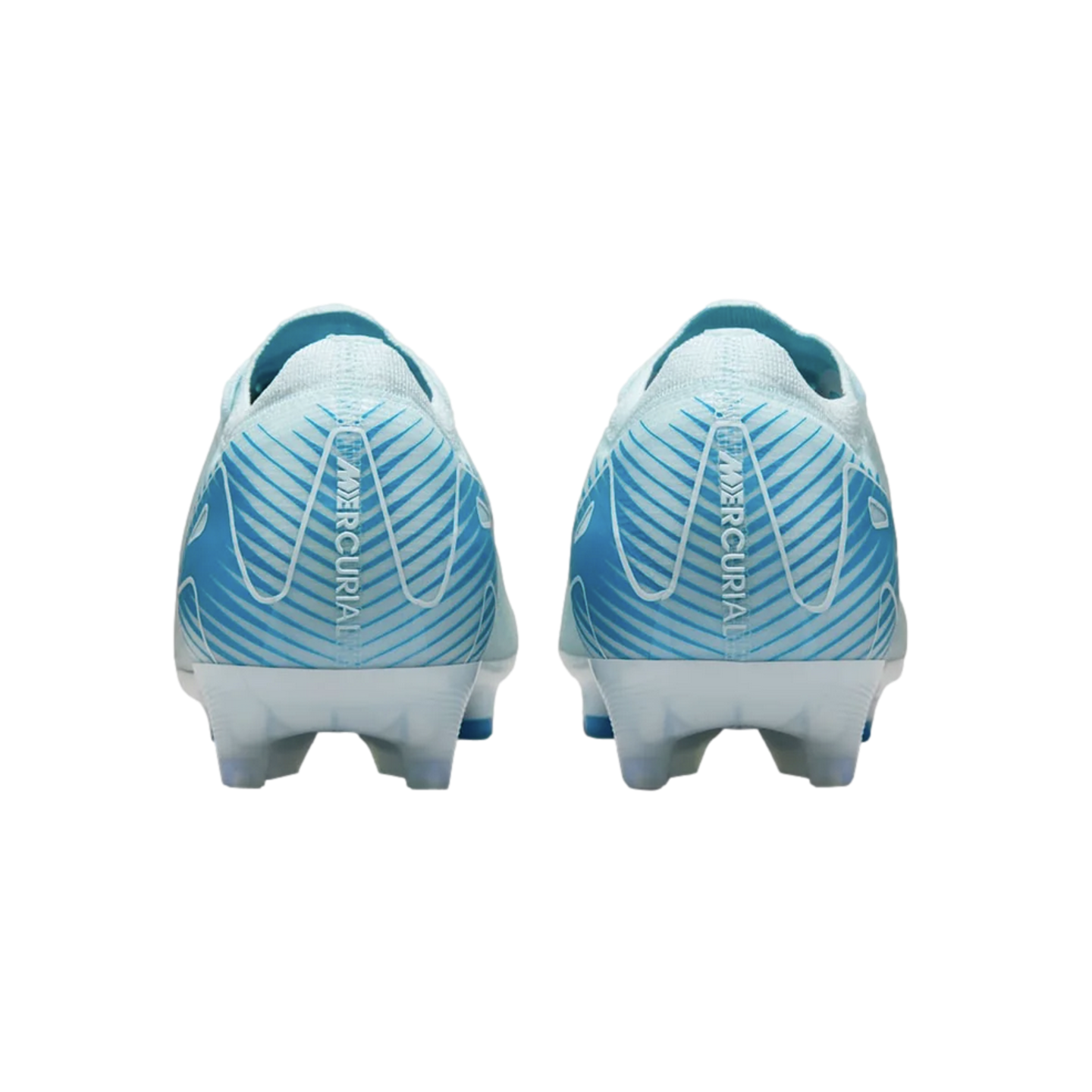Rear view of two light blue Nike Mercurial soccer cleats with white and blue patterns on a black background.