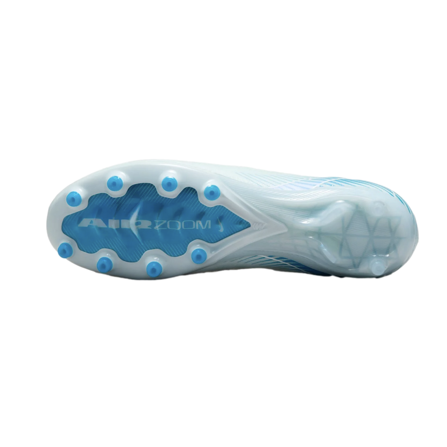 Bottom view of a light blue and white Nike Air Zoom soccer cleat, showing a translucent blue soleplate with round studs and central "AIR ZOOM" branding.