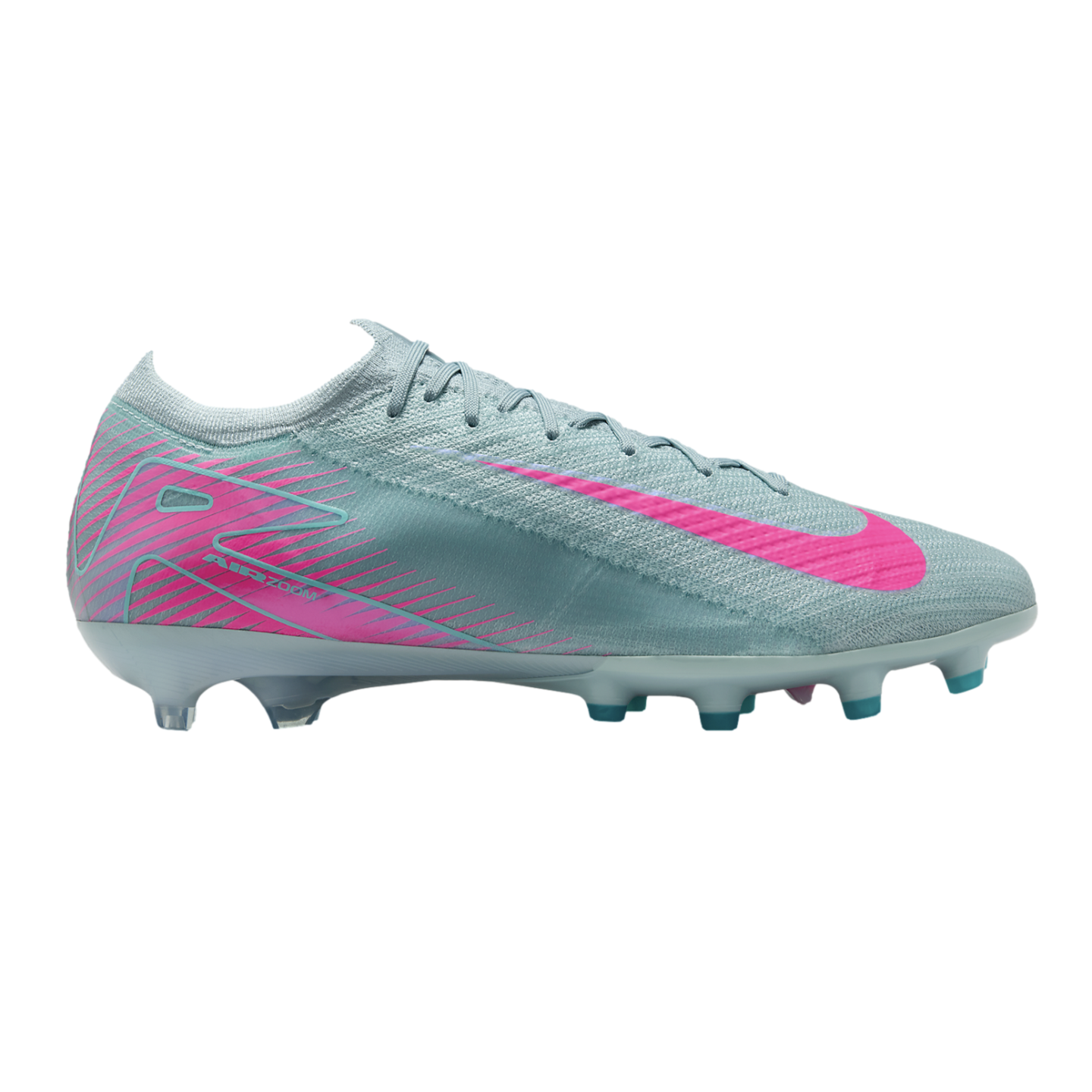 Profile view of a light blue Nike Air Zoom Mercurial soccer cleat with a bright pink swoosh and accents on a black background.