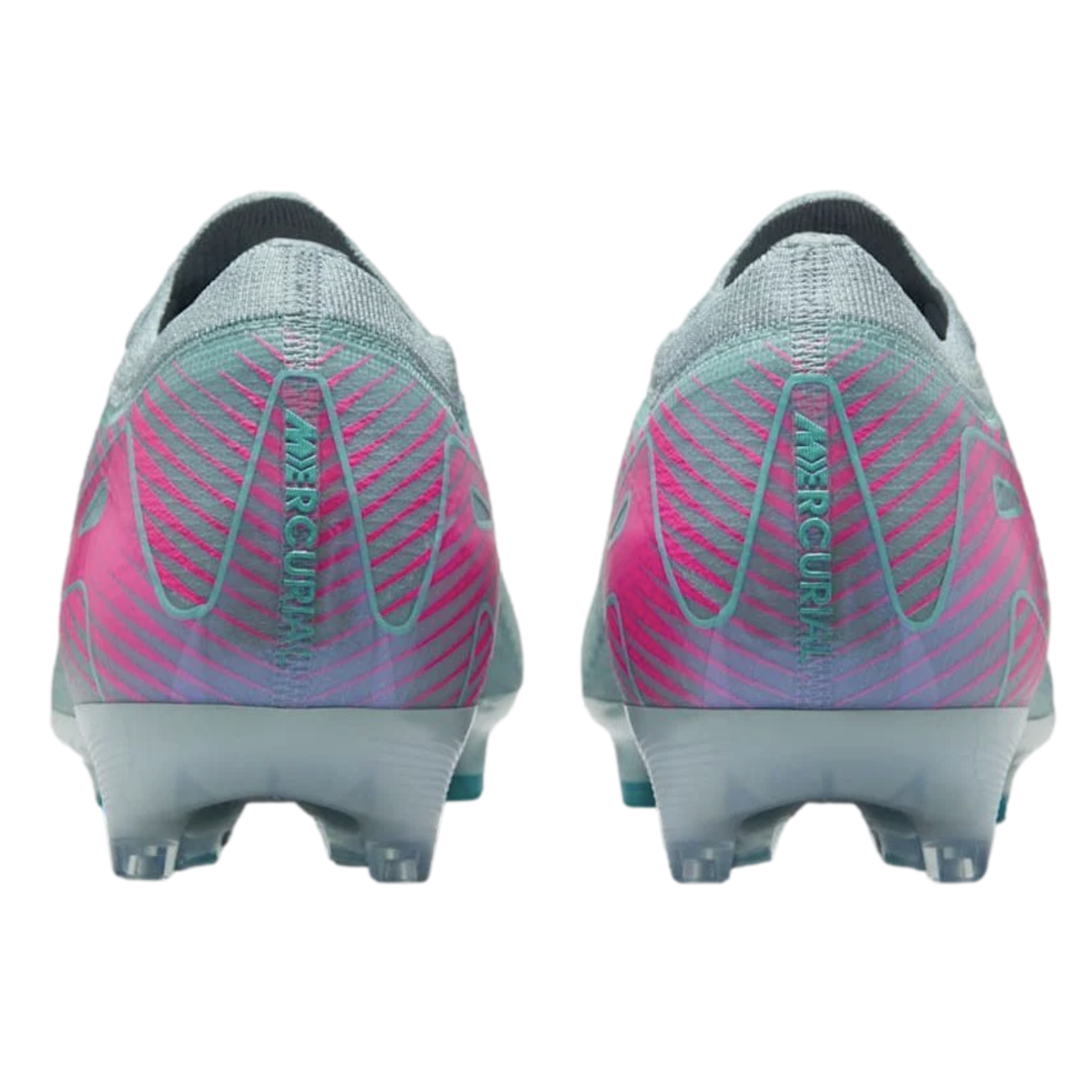 Back view of gray Nike Mercurial soccer cleats featuring pink and teal accents and vertical branding on the heels.