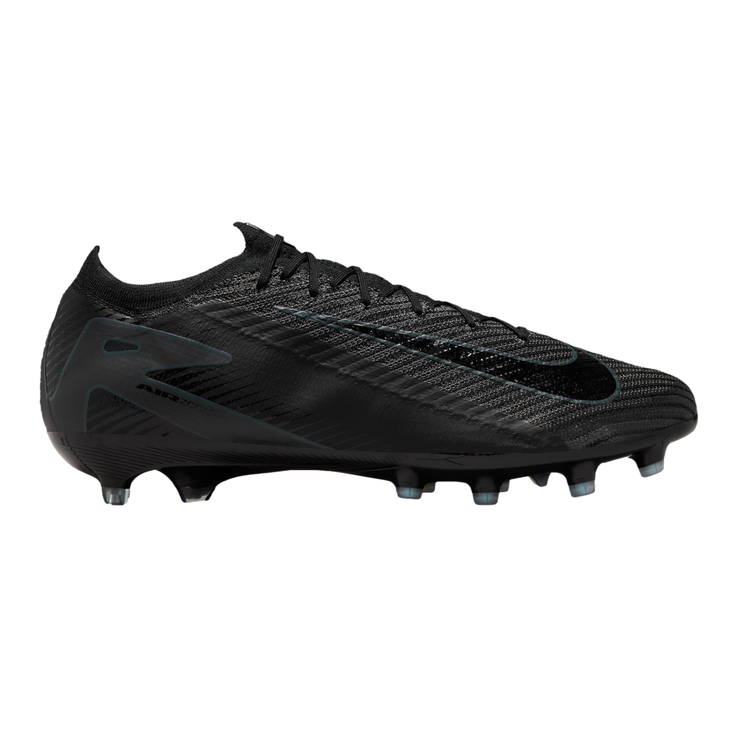 Side profile of an all-black Nike Mercurial Air Zoom soccer cleat with a textured upper and clear-tipped studs, set against a solid black background.
