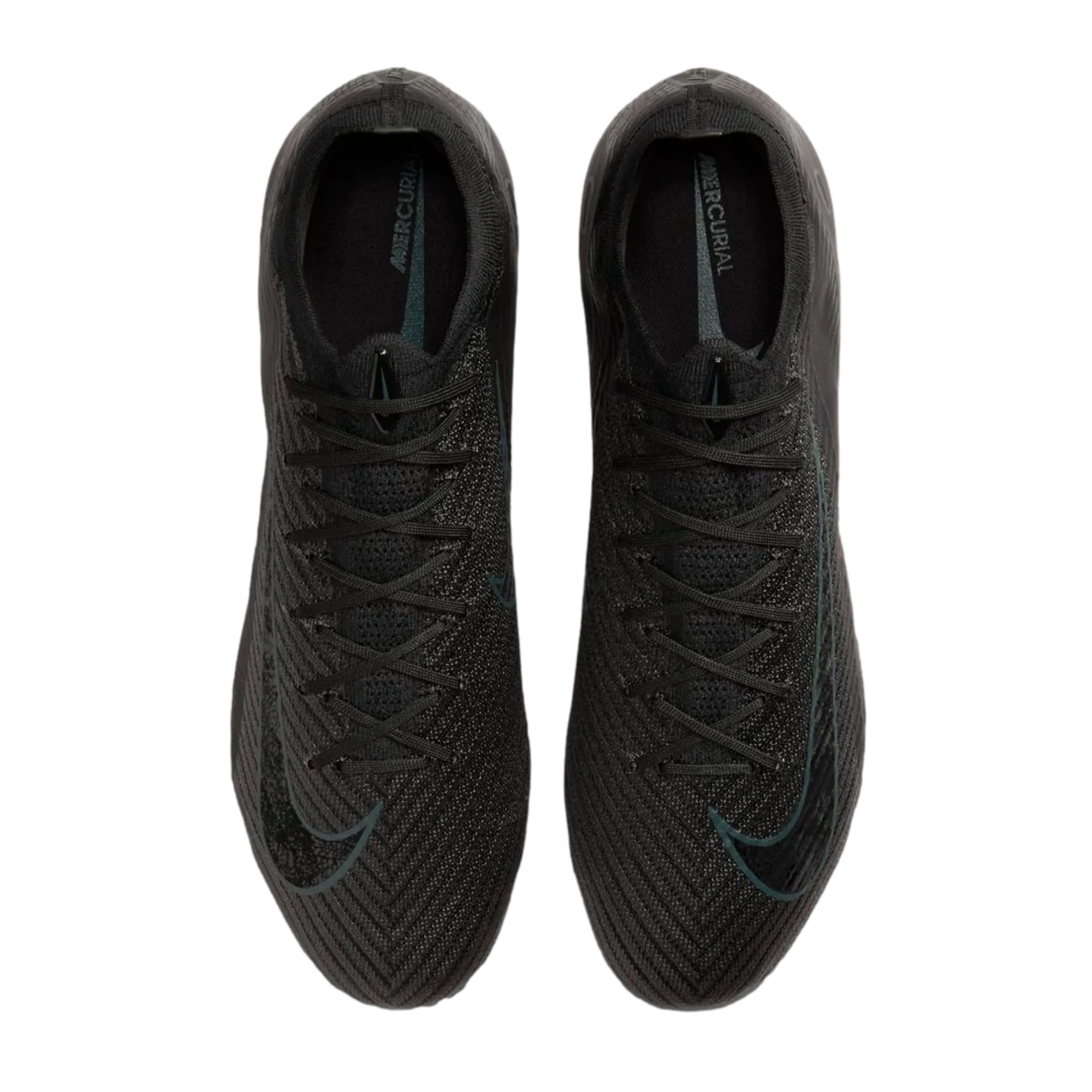Top-down view of a pair of black Nike Mercurial soccer cleats with textured uppers and black laces against a solid black background.