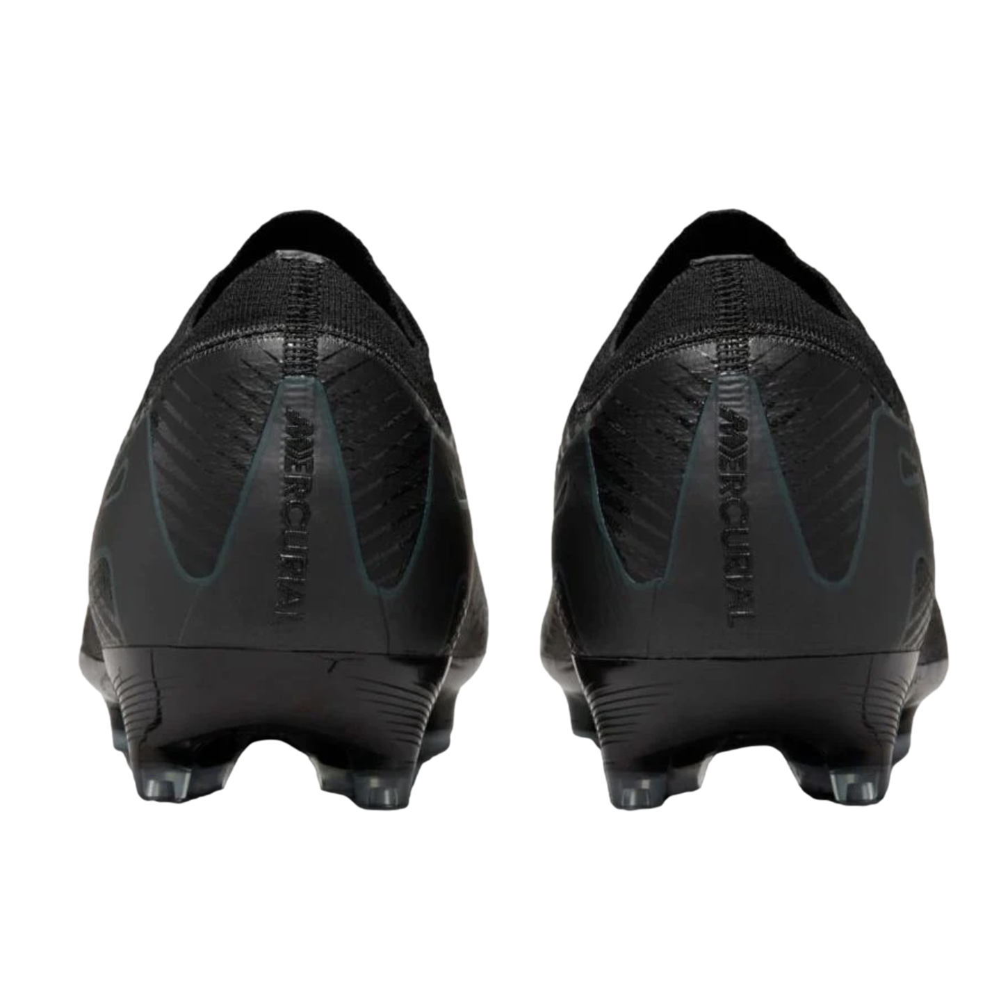 Rear view of all-black Nike Mercurial soccer cleats with vertical heel branding and clear studs against a black background.