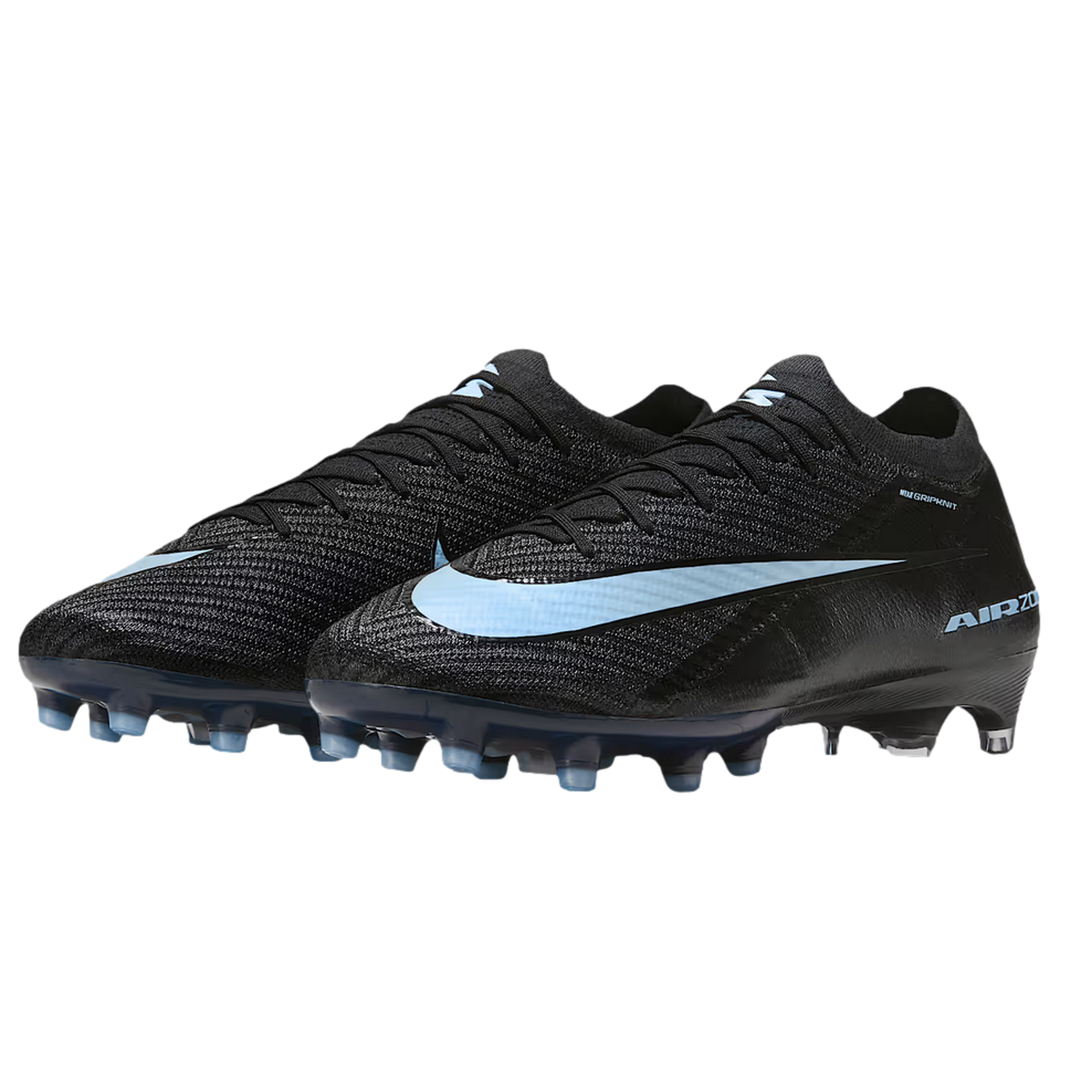 A pair of black Nike Mercurial soccer cleats with light blue accents, featuring a large Swoosh and "AIR" branding on the side, set against a black background.