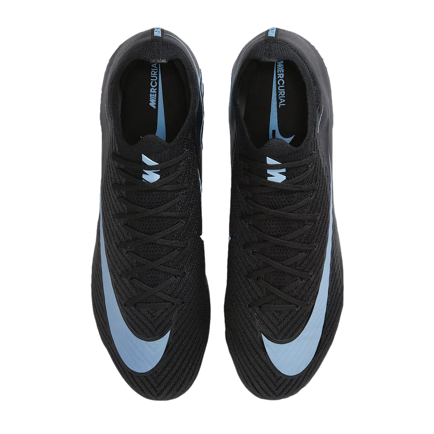 Top-down view of black Nike Mercurial soccer cleats with light blue Nike swooshes and interior branding.