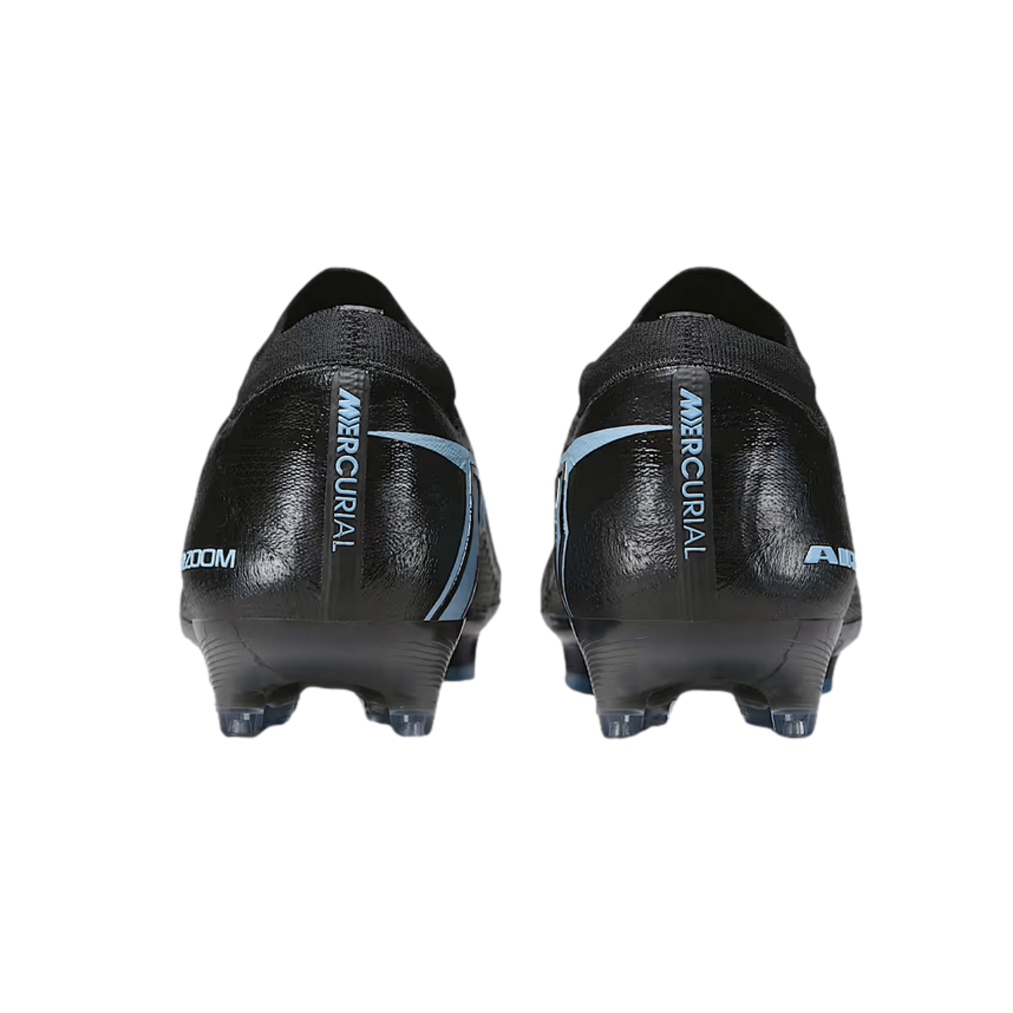 Rear view of a pair of black Nike Mercurial soccer cleats with light blue accents and vertical branding on the heels.