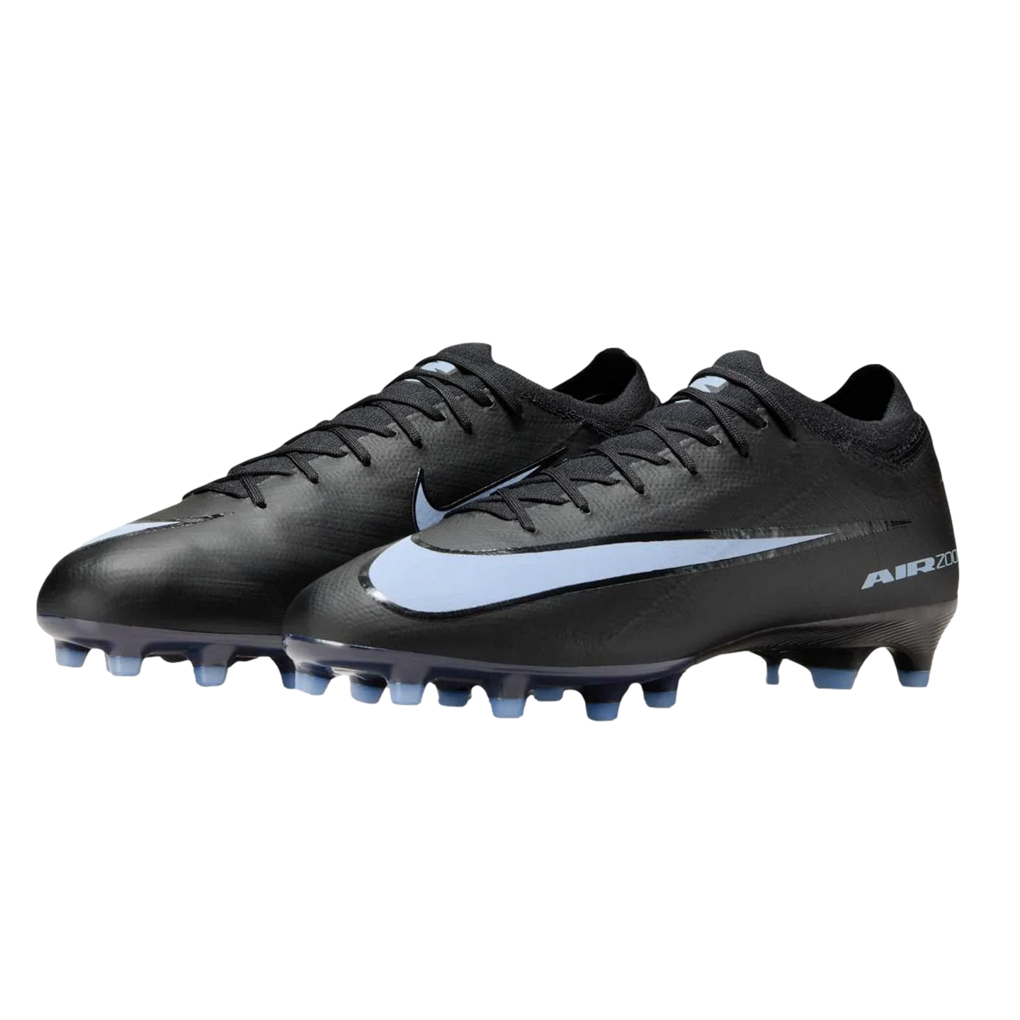 Pair of black Nike Mercurial Air Zoom soccer cleats with light blue swooshes and studs against a black background.
