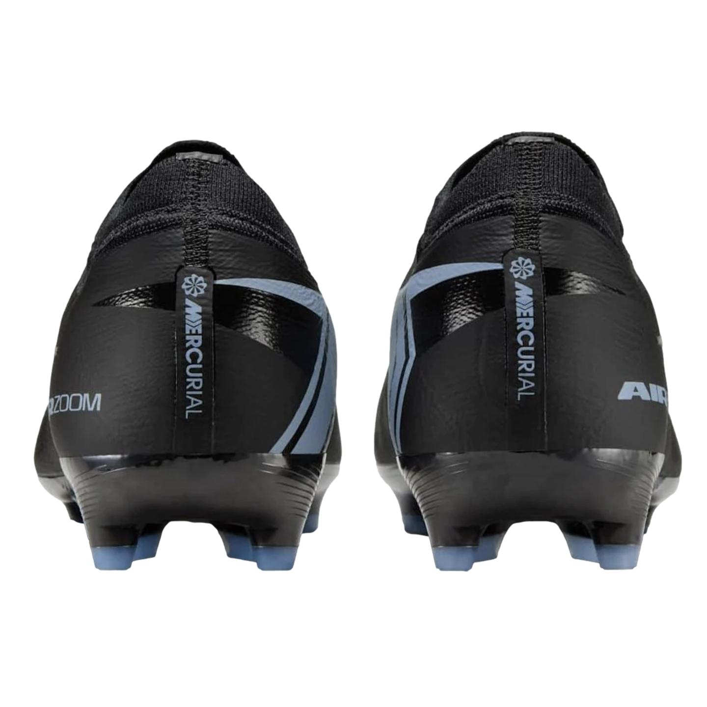 Rear view of a pair of black Nike Mercurial soccer cleats with light blue accents.