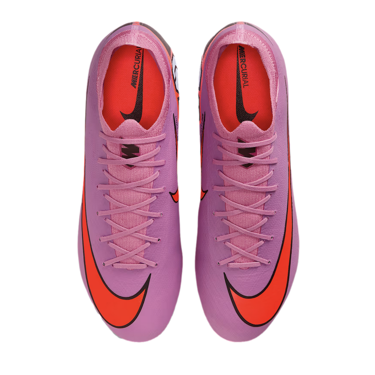 Top-down view of purple Nike Mercurial soccer cleats with bright orange swooshes and interiors, set against a plain black background.
