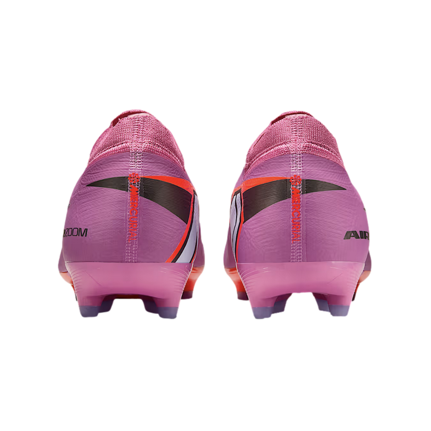 Back view of two pink and purple Nike Mercurial soccer cleats with black and orange accents on a black background.