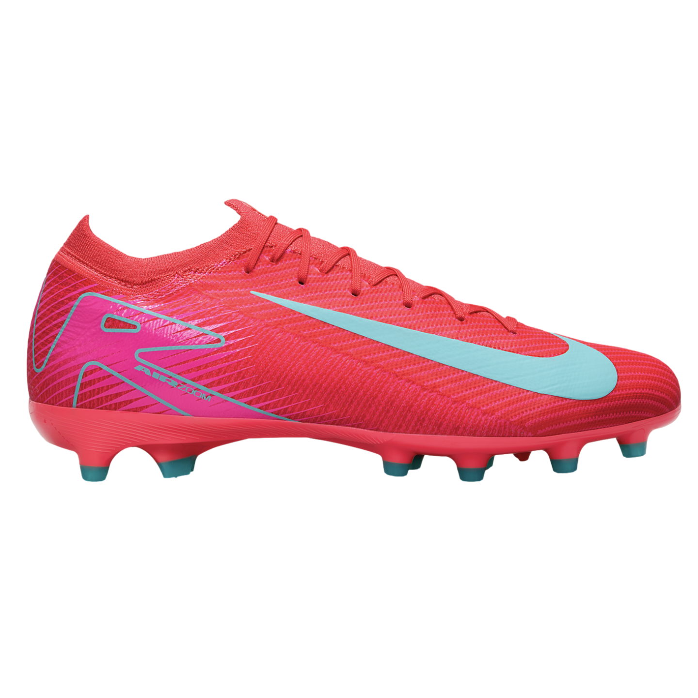 A pink Nike Air Zoom Mercurial soccer cleat with light blue accents, shown in side profile against a black background.