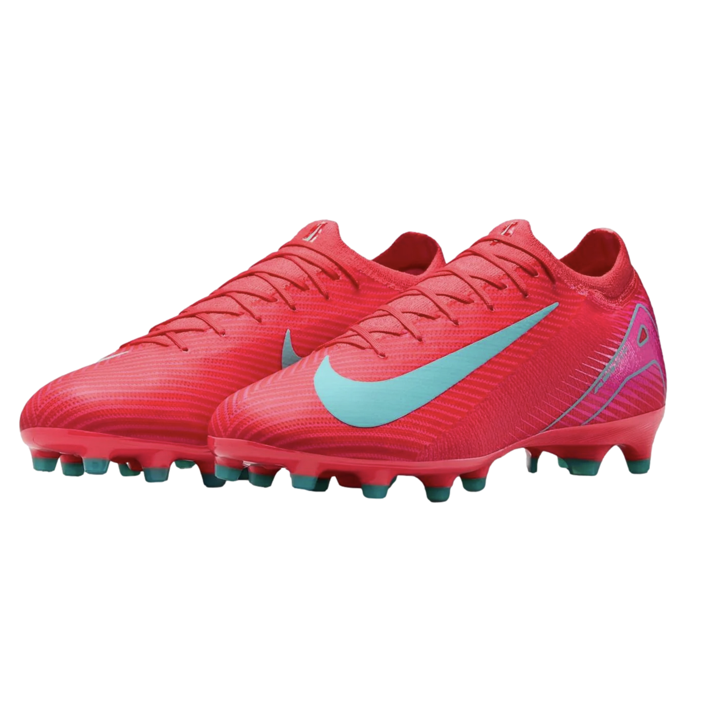 A pair of bright red Nike soccer cleats with light blue swooshes and red-studded soles.