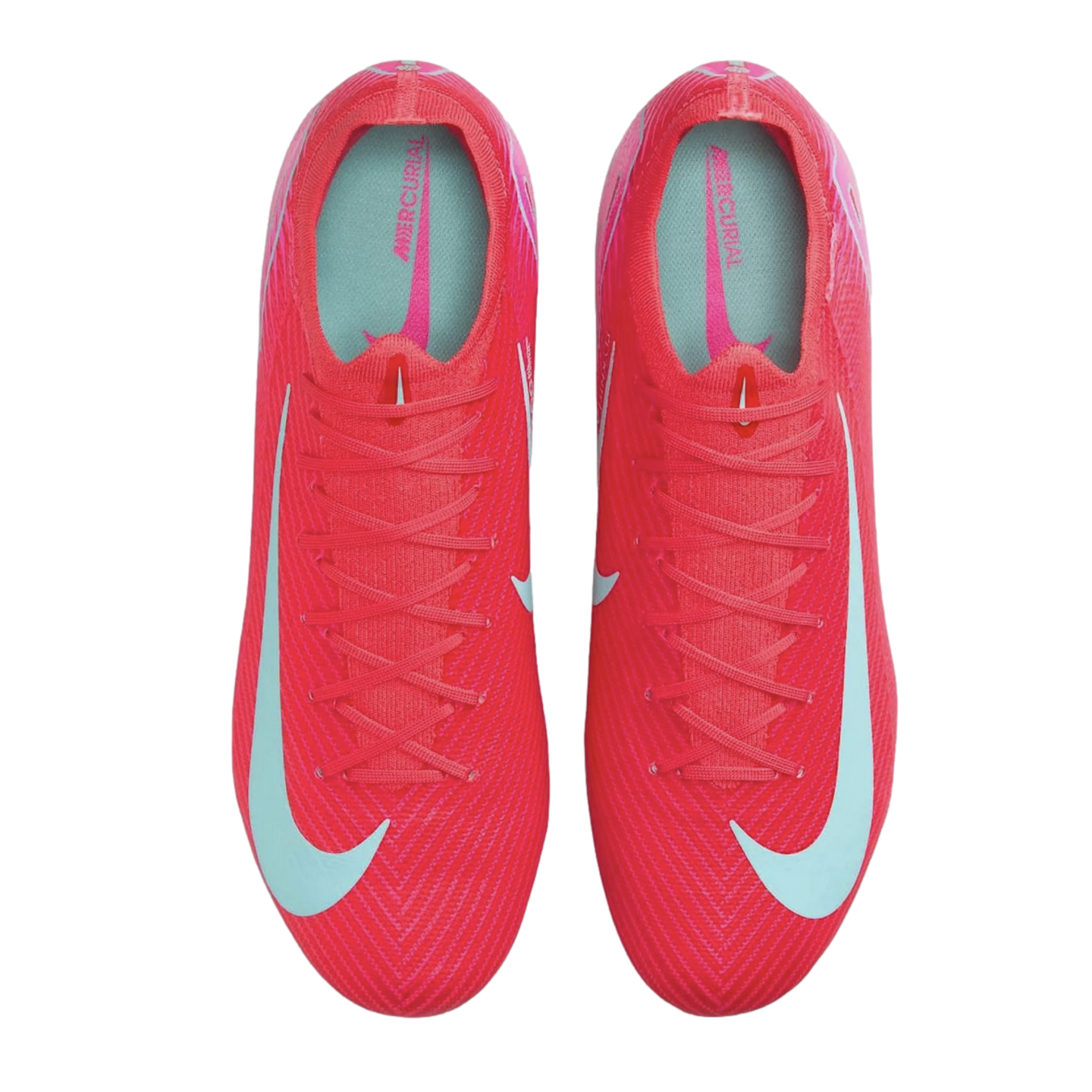 Top-down view of a pair of vibrant pink Nike Mercurial soccer boots with light blue accents, set against a solid black background.