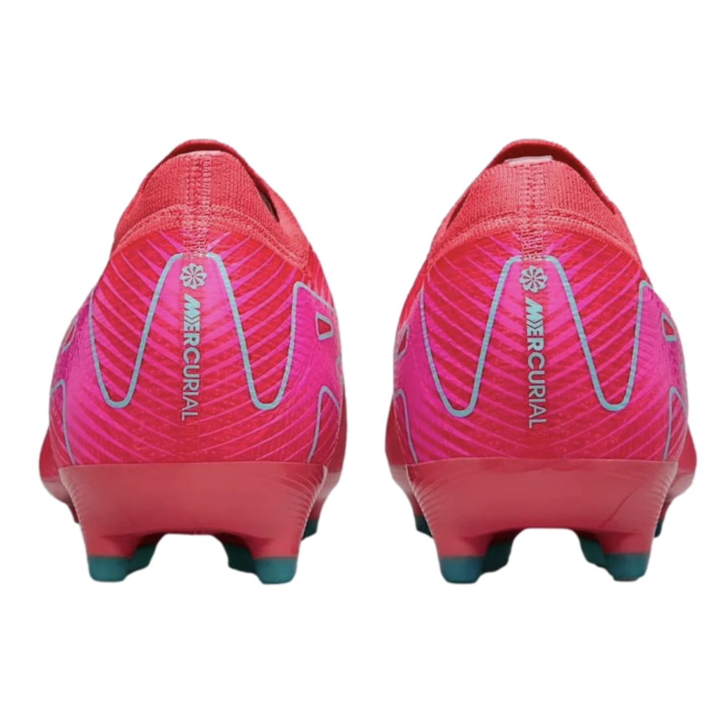 Rear view of two bright pink Nike Mercurial soccer cleats on a black background. Features vertical "MERCURIAL" branding on the heels and teal-tipped studs.