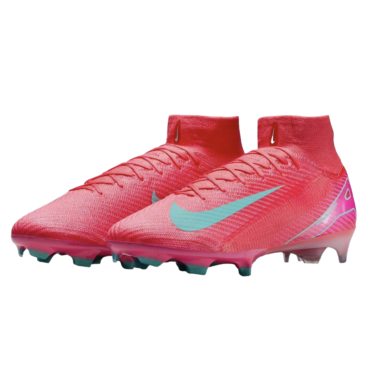Bright pinkish-red Nike Mercurial soccer cleats featuring a light teal swoosh and high ankle collars.