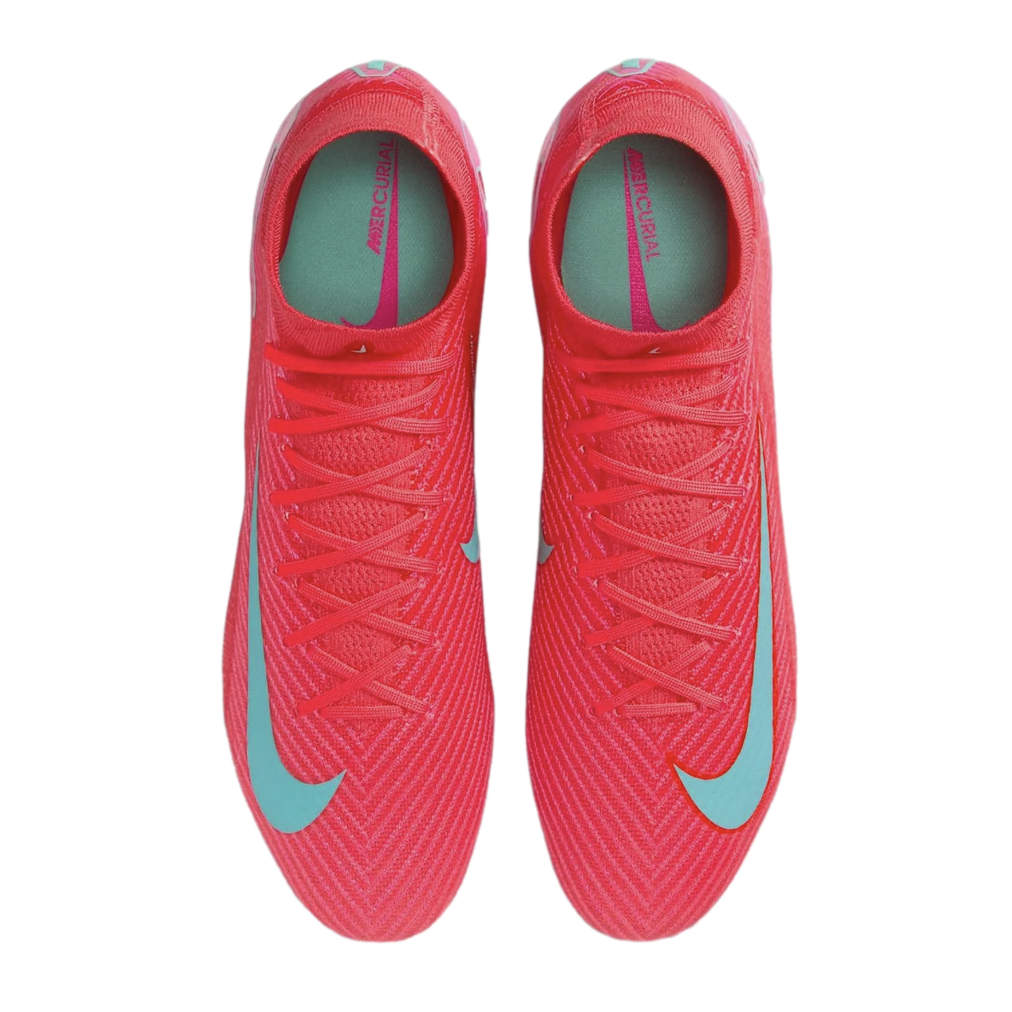 Top-down view of a pair of bright red Nike Mercurial soccer cleats with light blue accents and Swoosh logos against a solid black background.