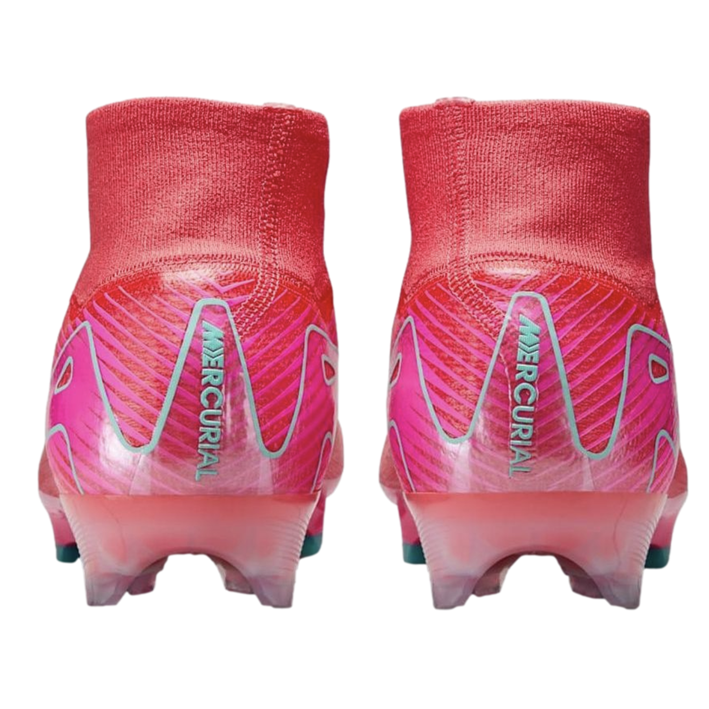 Rear view of bright pink Nike Mercurial soccer cleats with high-top sock collars and vertical "MERCURIAL" text on the heels.