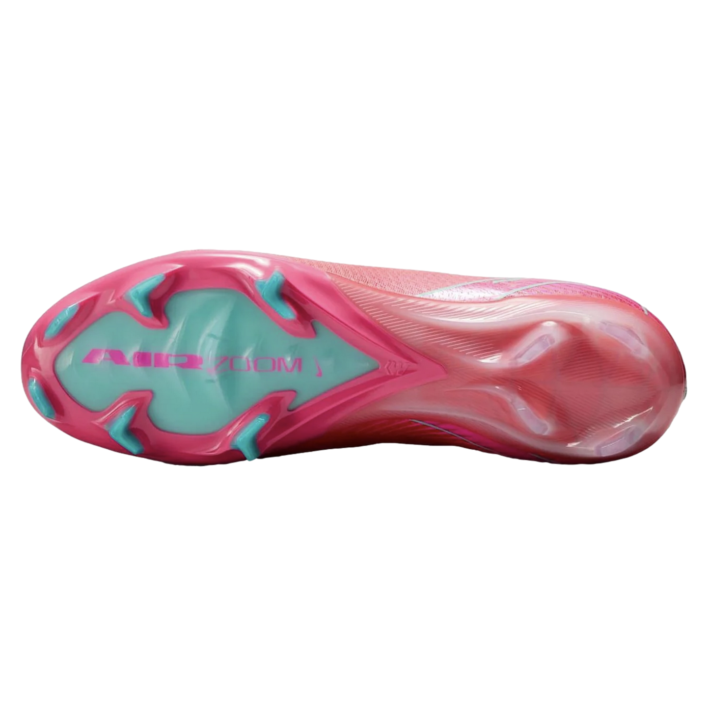 Pink and teal soleplate of a Nike Air Zoom soccer cleat, showing the stud pattern and branding.