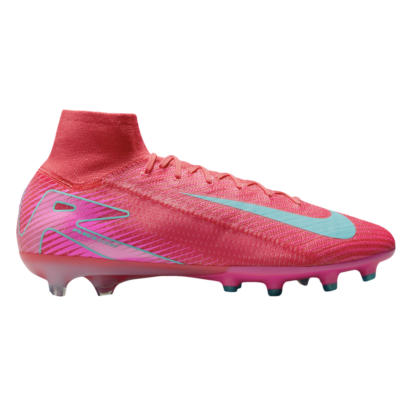 Vibrant pink Nike soccer cleat with light blue accents, featuring a high-top sock collar and studded sole for field play.