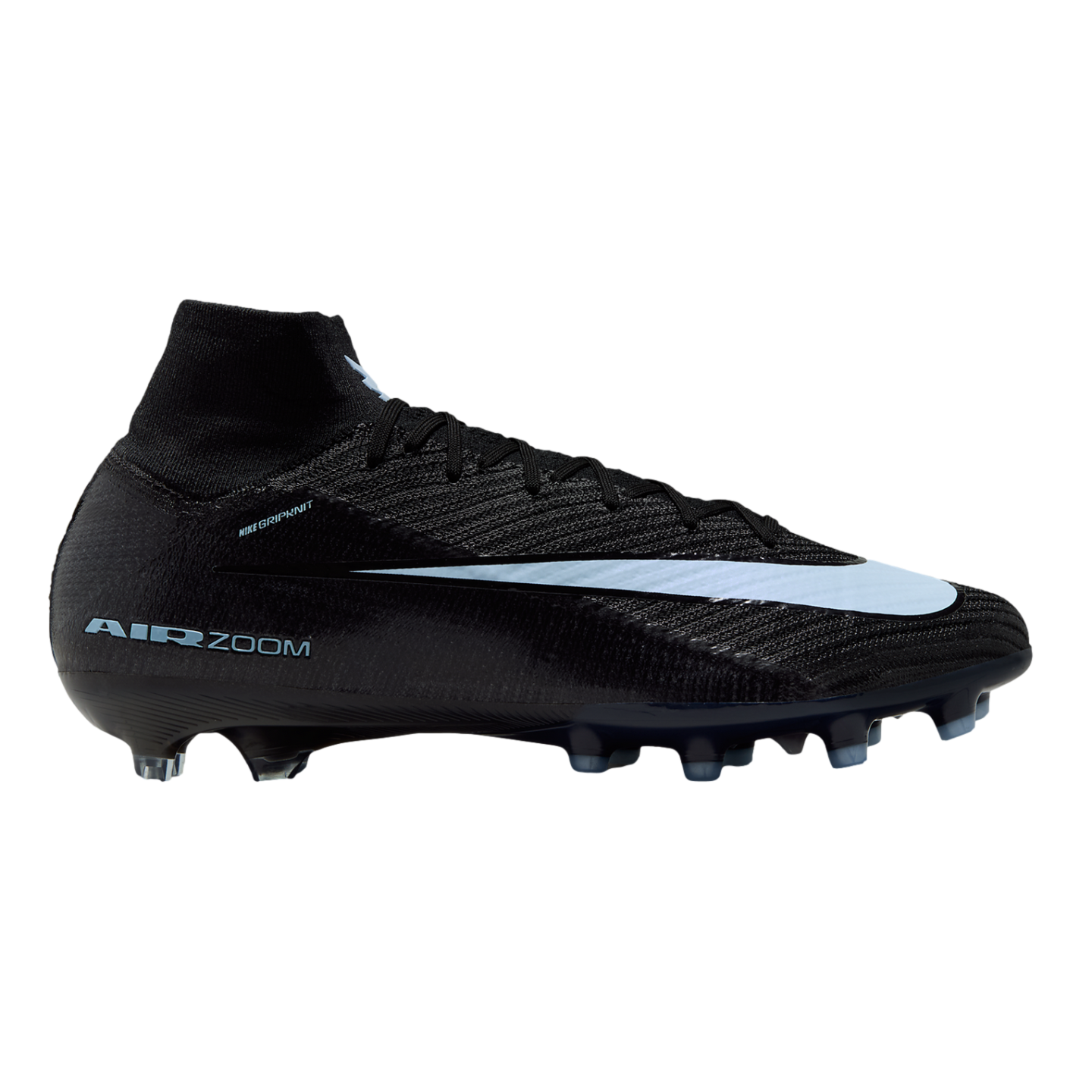 Profile view of a black Nike soccer cleat with a light blue swoosh, high-top knit collar, and "AIR ZOOM" branding on the heel.