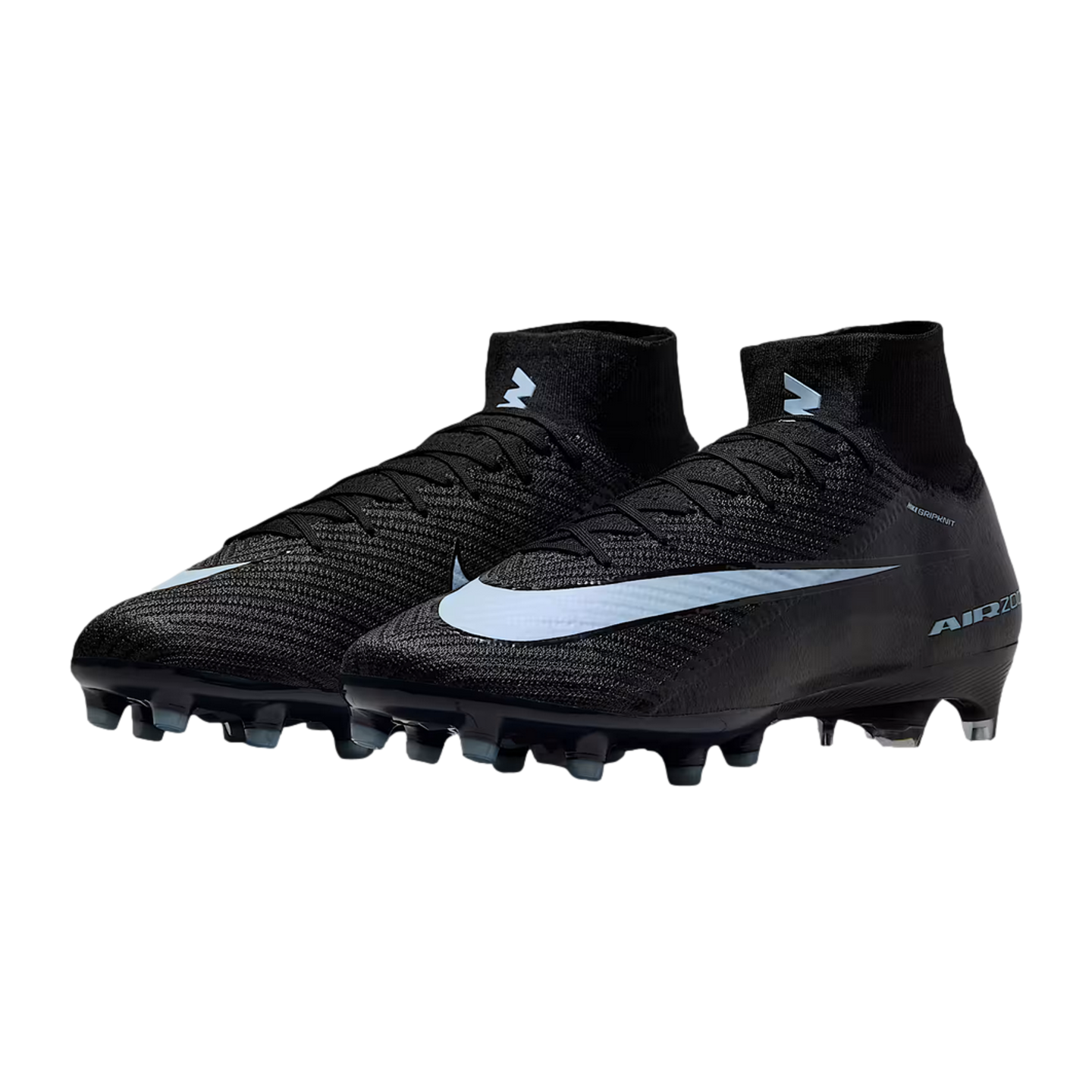 A pair of black Nike Mercurial soccer cleats featuring light blue Nike swooshes and high-top ankle collars.
