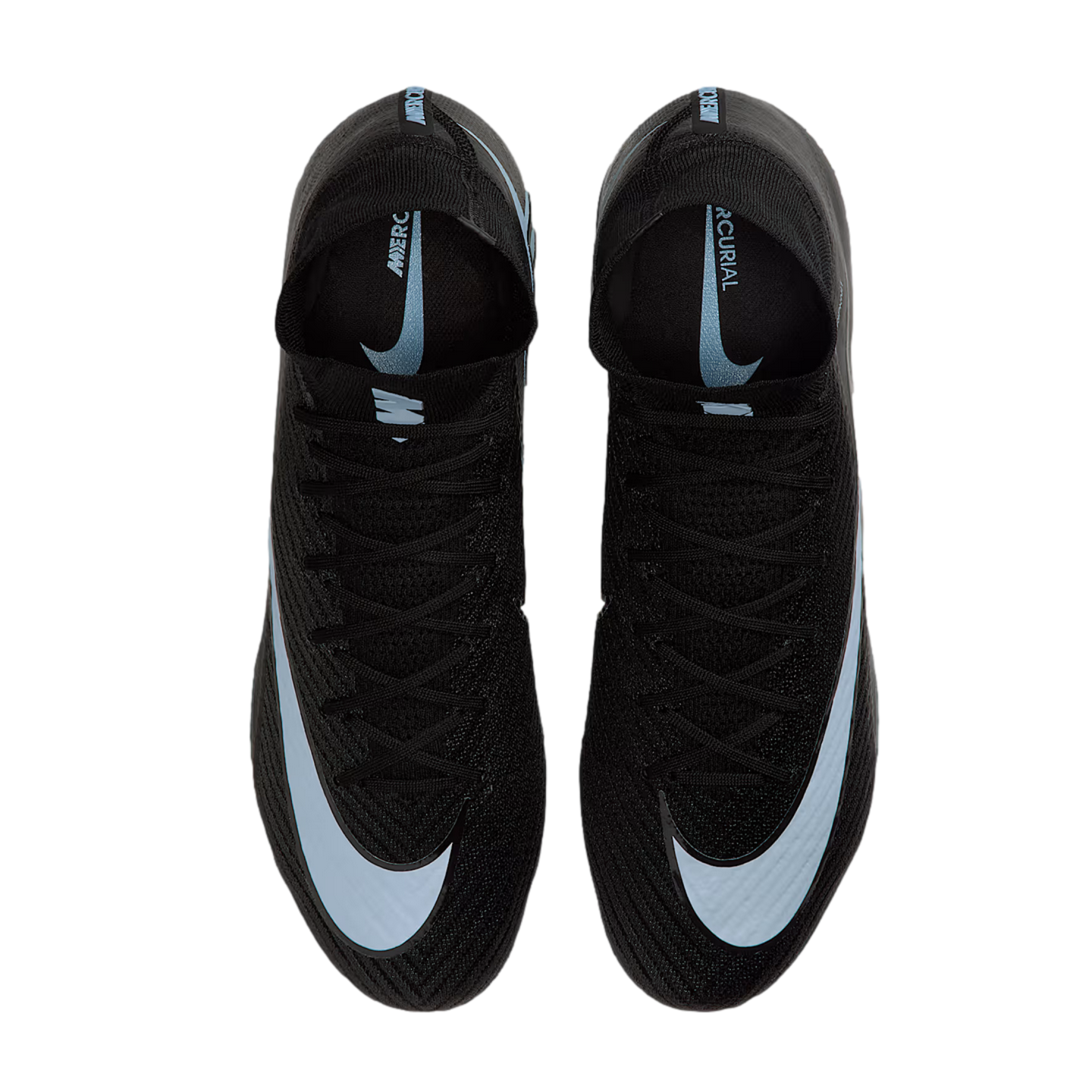 Top-down view of a pair of black Nike Mercurial soccer cleats with light blue swoosh logos on a black background.