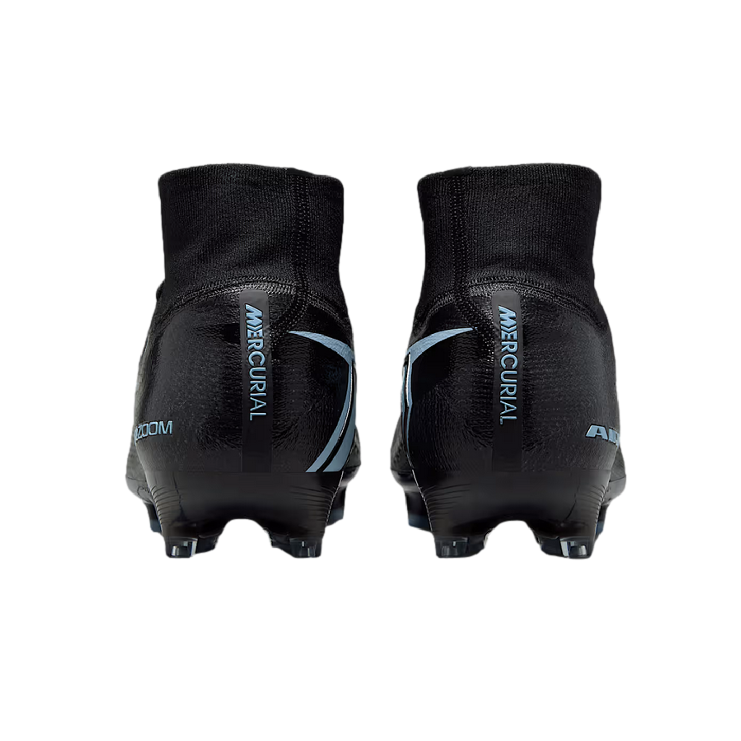 Rear view of two black soccer cleats with high-top collars and light blue 'MERCURIAL' branding on the heels, displayed against a black background.