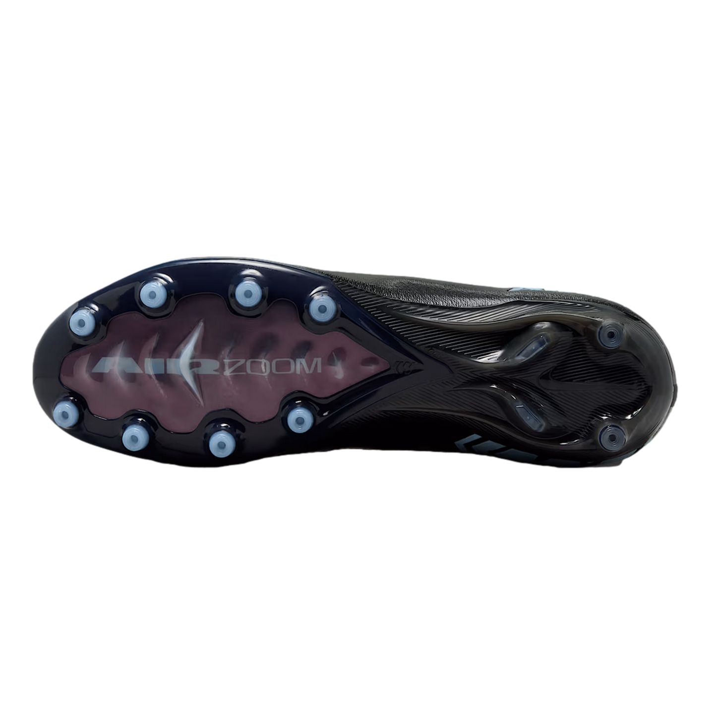 Bottom view of a black Nike soccer cleat with light blue circular studs. A translucent pink window on the sole displays the text "AIR ZOOM" in silver.