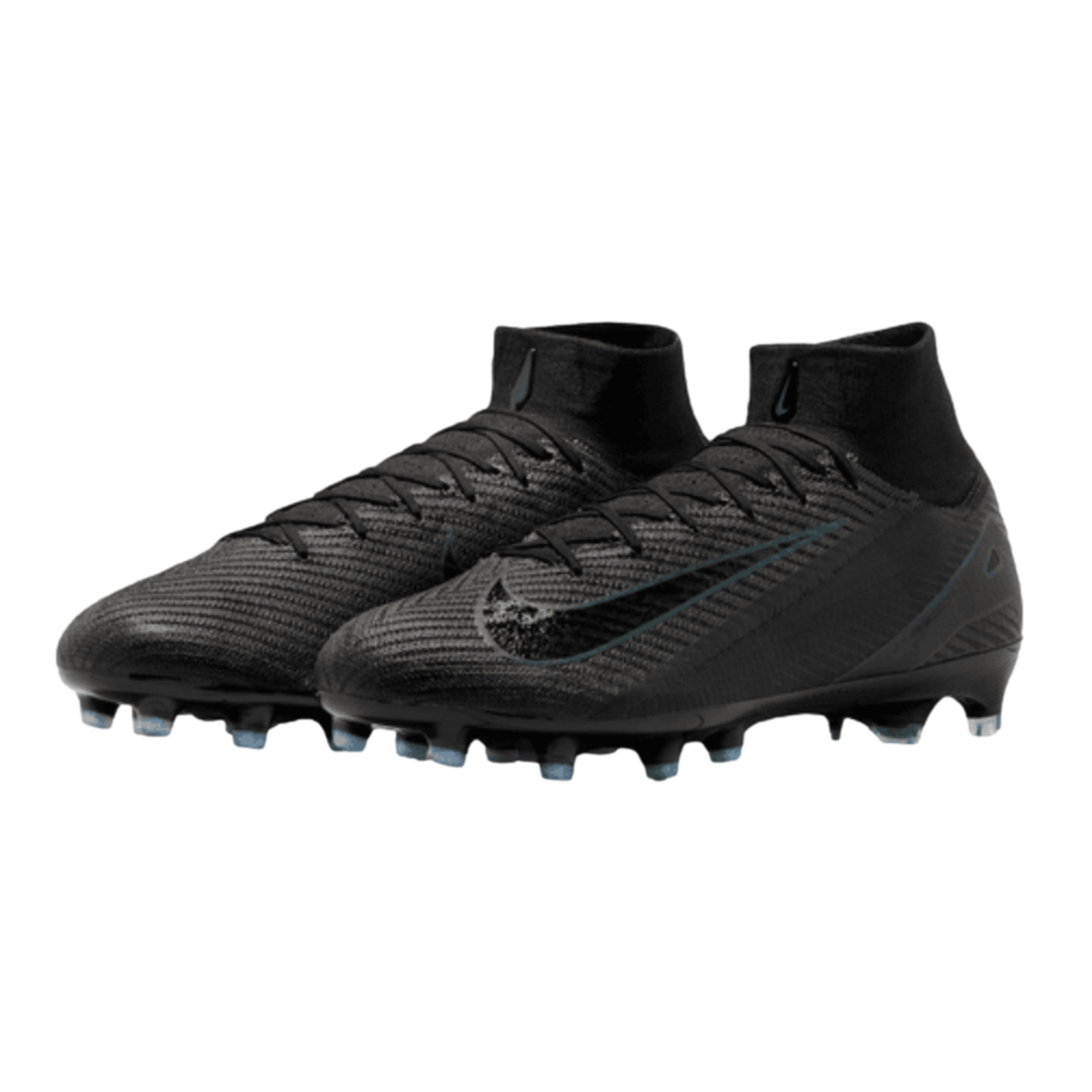 A pair of black Nike high-top soccer cleats with textured uppers, black laces, and blue-tipped clear studs, set against a black background.