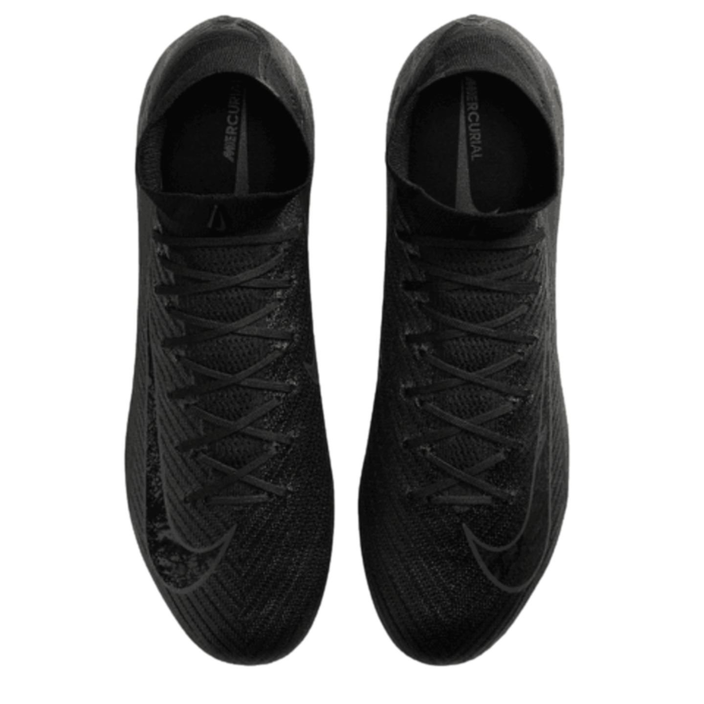 Top-down view of a pair of all-black Nike Mercurial soccer cleats on a black background.