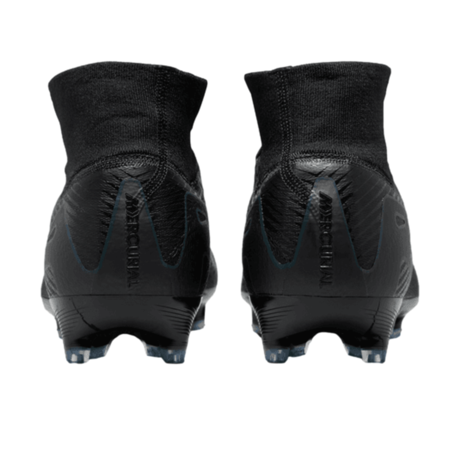 Rear view of all-black Nike Mercurial soccer cleats with high-top ankle collars, set against a black background.