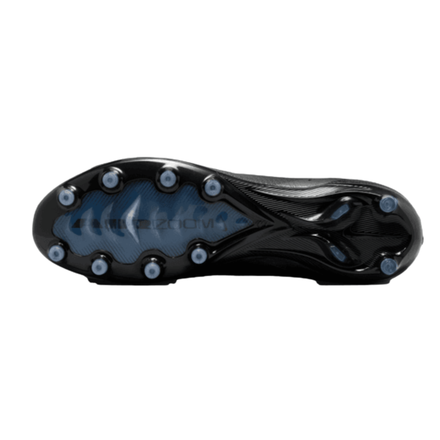 Sole of a black soccer cleat featuring clear conical studs and a blue "AIR ZOOM" logo on the forefoot.