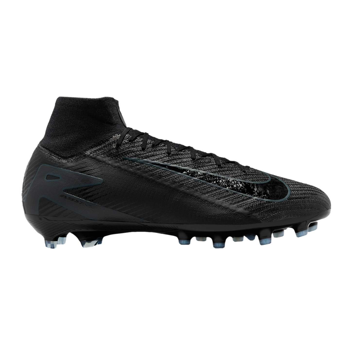 An all-black Nike Mercurial Superfly soccer cleat with a high-top knit collar and textured upper, shown from a side profile.